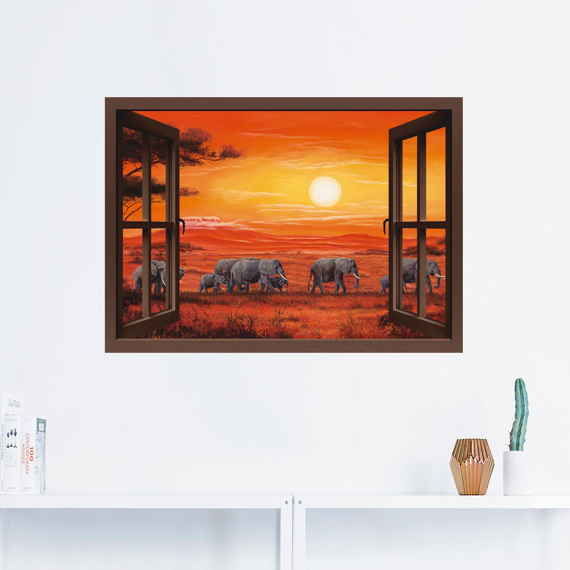 Artland Wandbild »Fensterblick - Elefantenherde«, Fensterblick, (1 St.), als Leinwandbild, Poster, Wandaufkleber in verschied. Größen