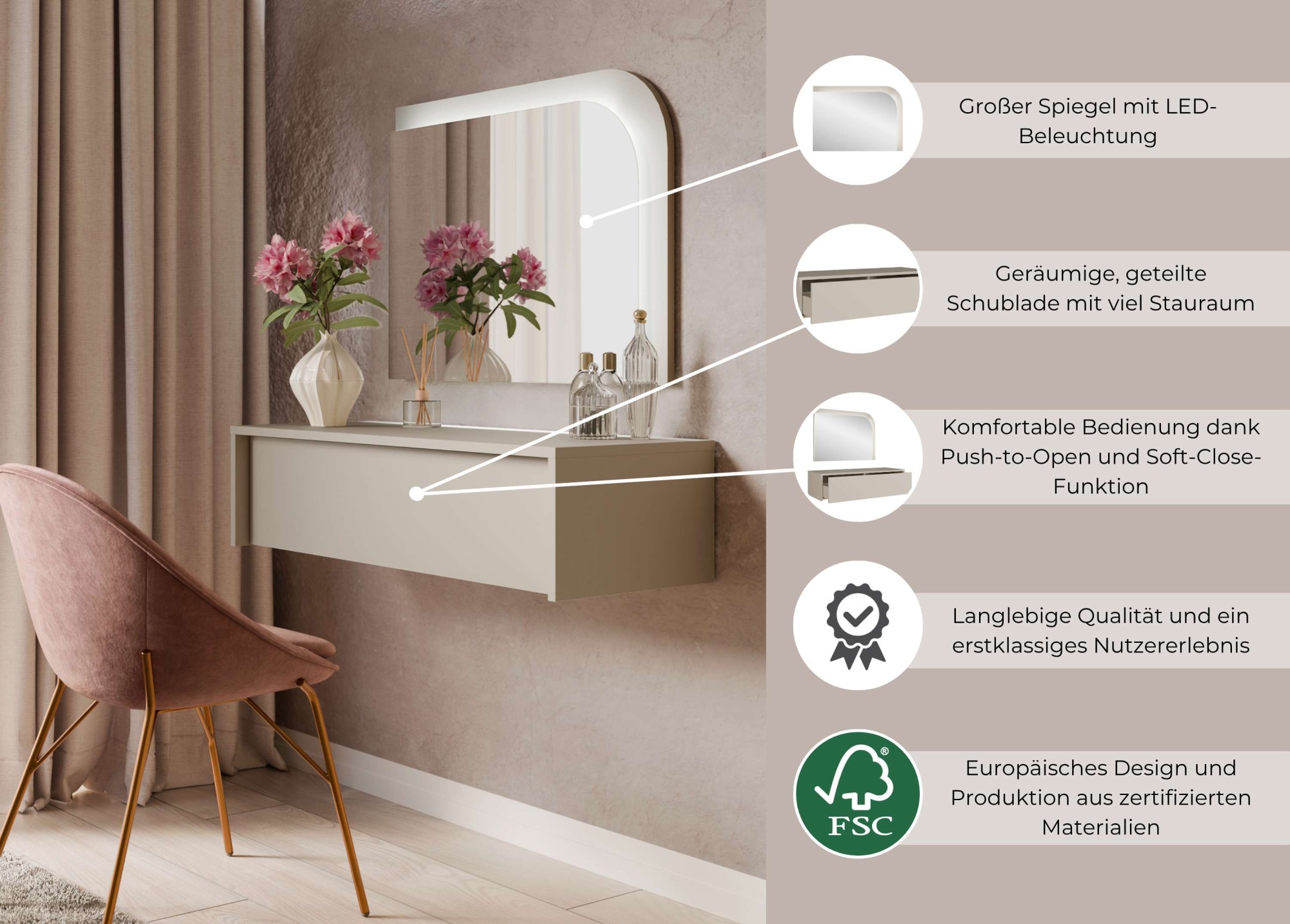 OTTO home Schminktisch »NANCY wandhängender Frisiertisch mit Spiegel, Beleuchtung, cashmere« Kosmetiktisch mit Schublade, LED, Soft-Close, B/T/H 93/35/23,2 cm