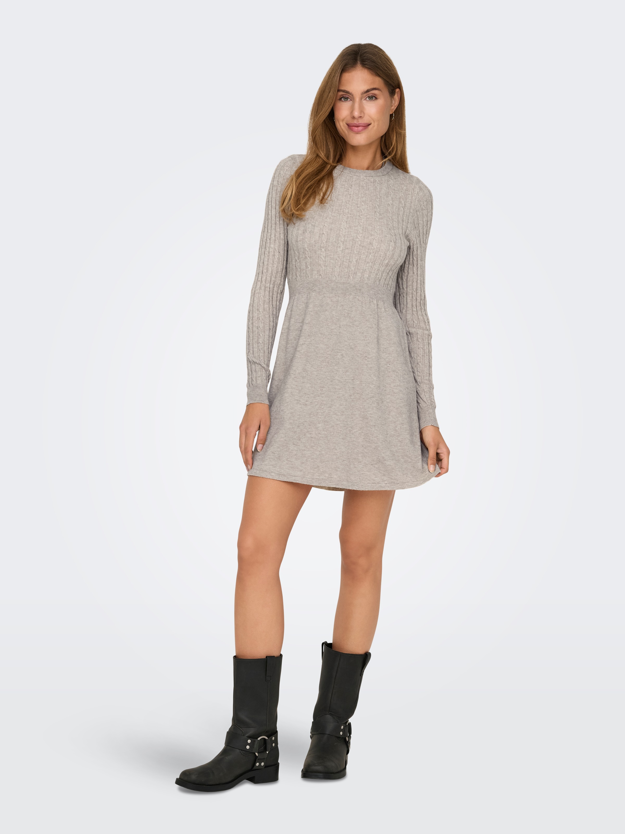Strickkleid ONLY "ONLFIA LS CABLE DRESS KNT", Damen, Gr. L, N-Gr, beige (weatherot teak detail:melange), Strick, Obermaterial: 50% Viskose, 27% Nylon, 23% Polyester, meliert, regular fit ca. Mitte Oberschenkel, Rundhals, Kleider Strickkleid, Viskosemischu 2