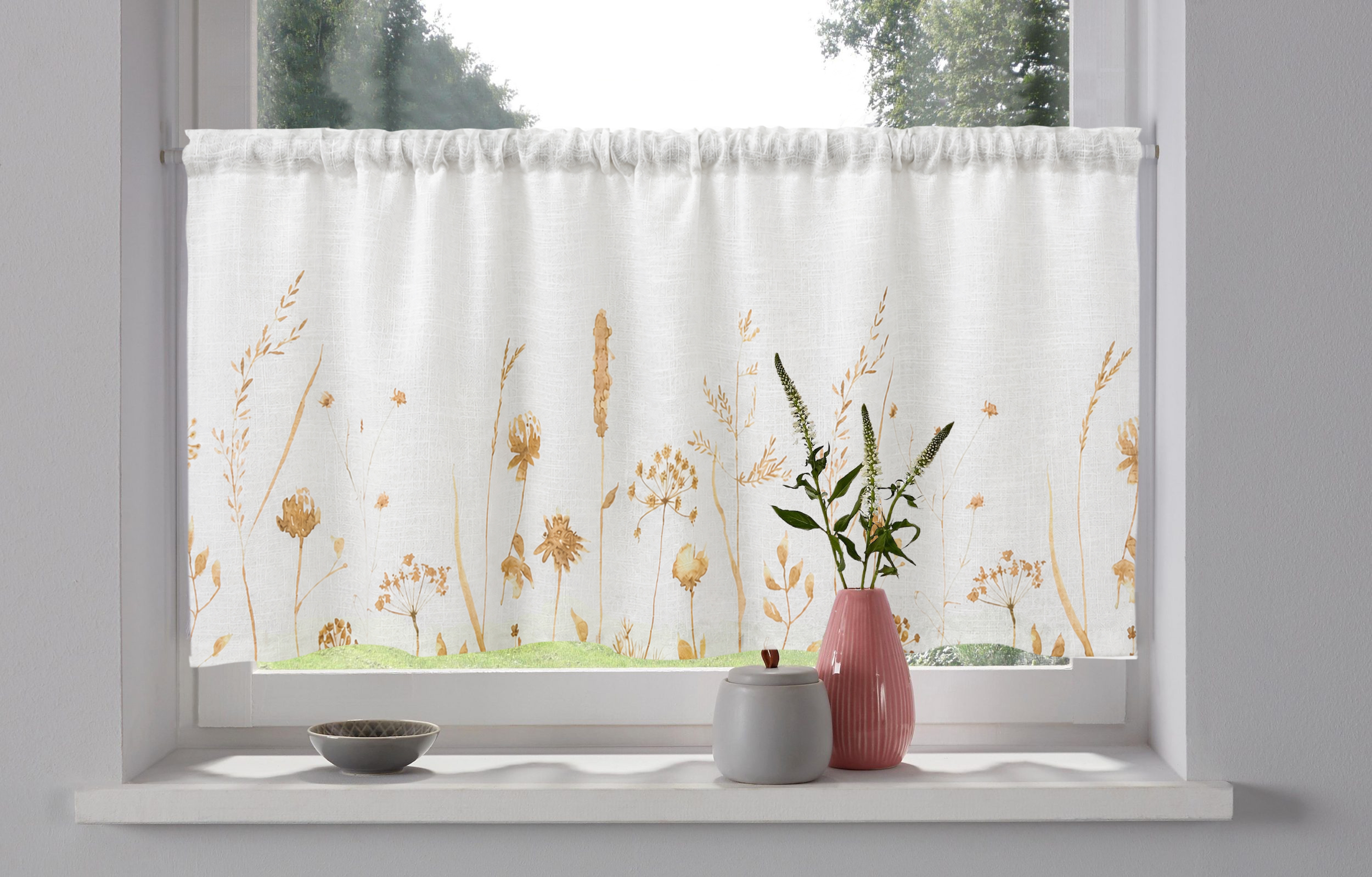 OTTO home Scheibengardine "Rikkert" Stangendurchzug 1 Stk. tlg. Lichtschutz, Leinen-Optik mit Naturmotiv, verschiedene Größen