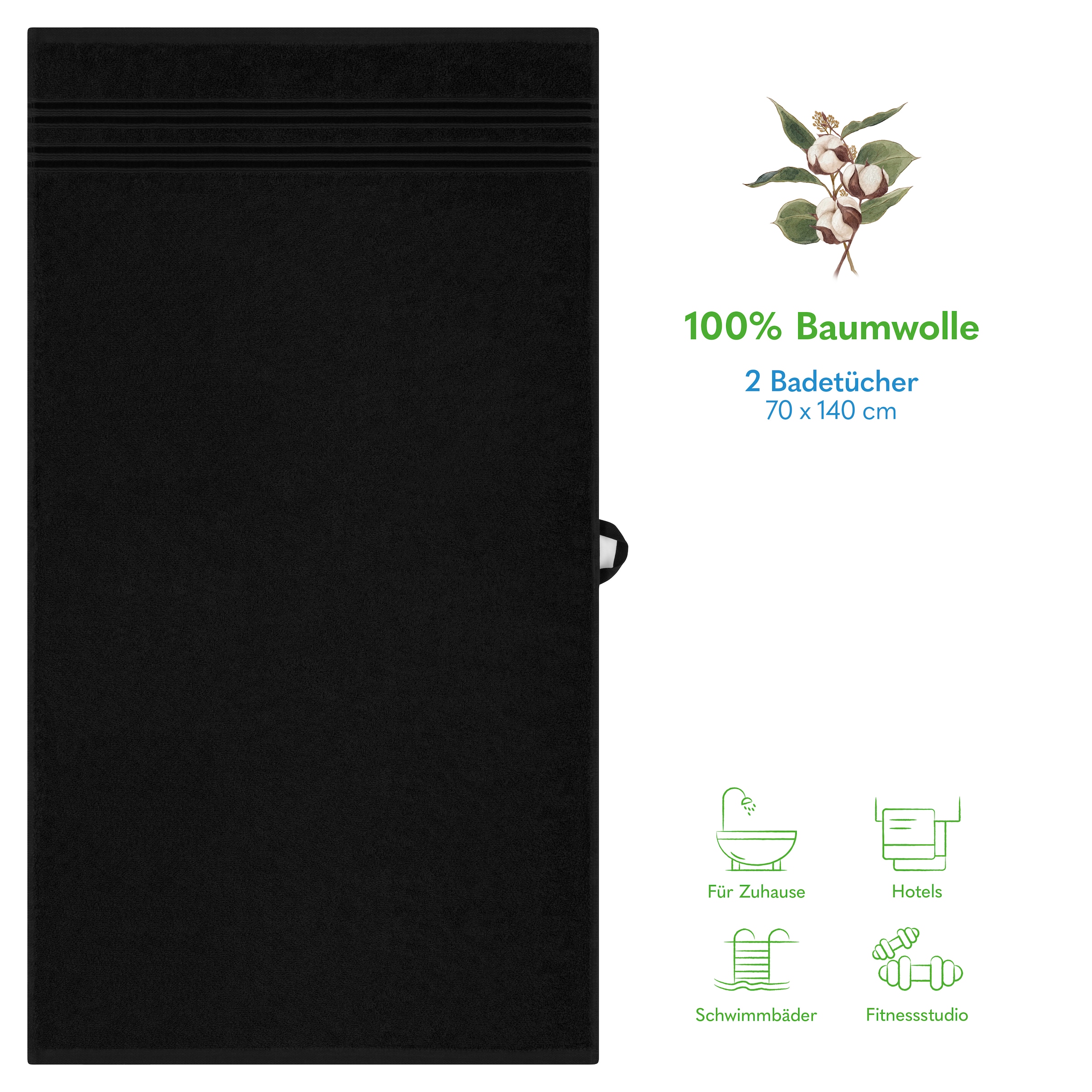 HAMMETEX Duschtuch »2er Set Badetücher 70x140 cm, 100% Baumwolle, Weich & Saugstark« mit Bordüre, einfarbig, weich