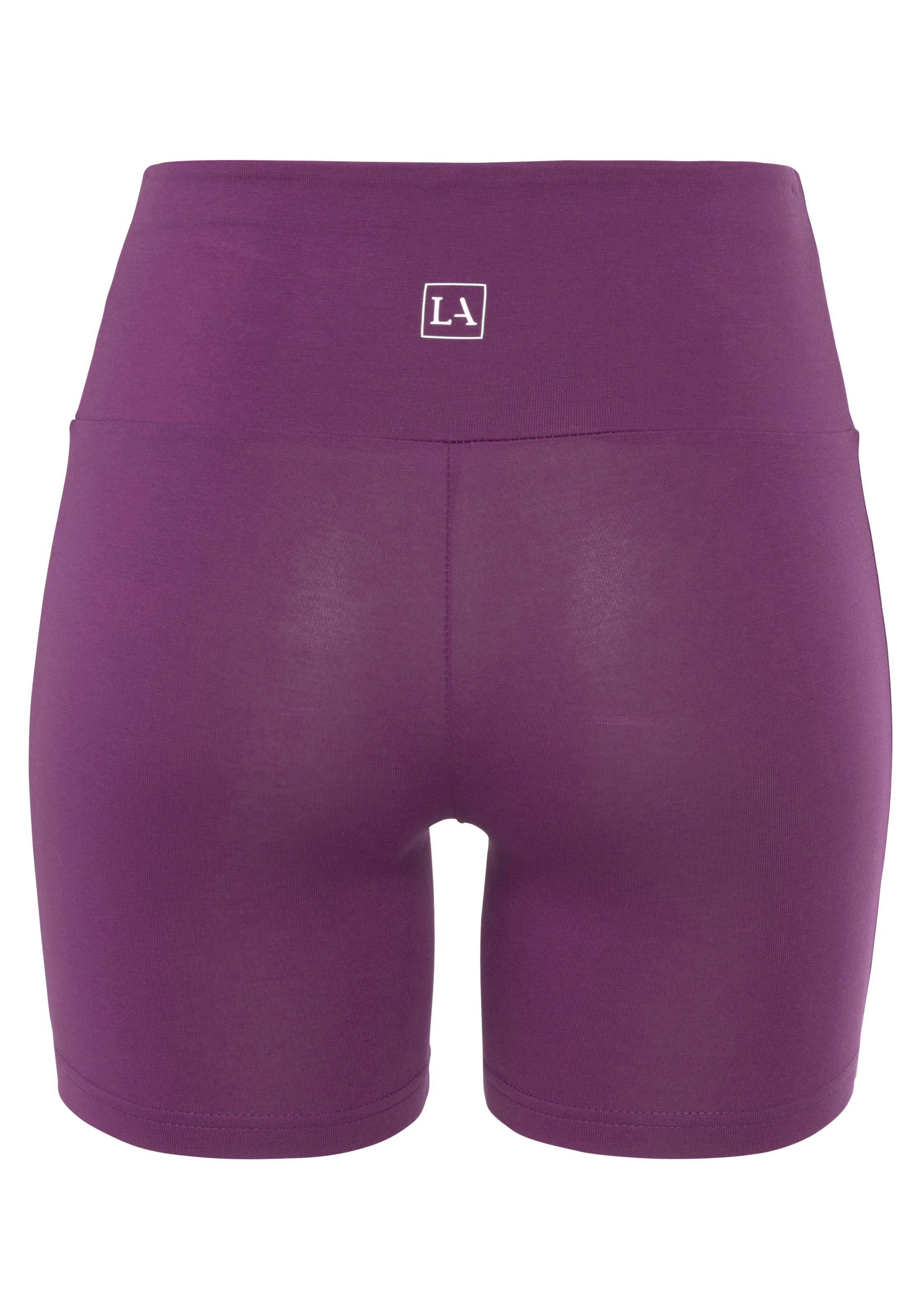 Shorts LASCANA, Damen, Gr. 32/34, N-Gr, lila, Single Jersey, Obermaterial: 95% Baumwolle, 5% Elasthan, unifarben, Basic, kurz, Hosen Shorts, mit breitem Bündchen und Logodruck, Loungewear 3