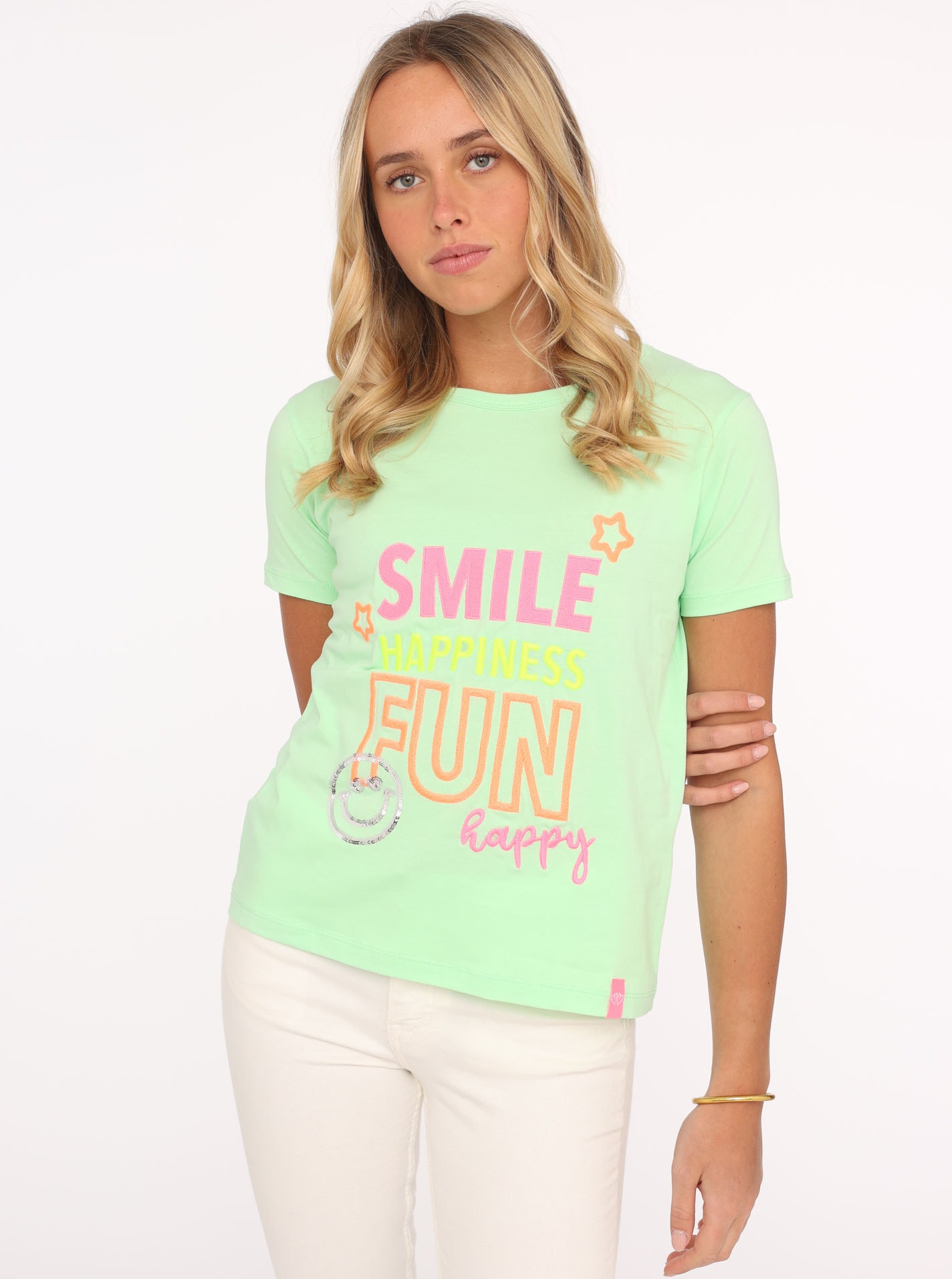 Zwillingsherz T-Shirt »"Smile Happiness Fun"«, mit bunter Stickerei und Pailletten