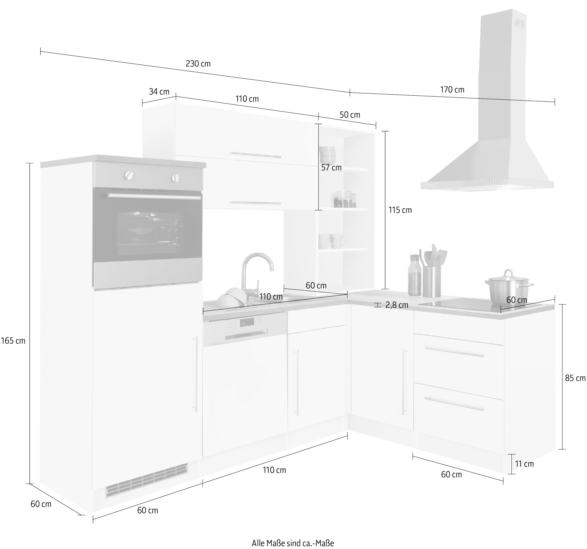 Kochstation Winkelküche »KS-Samos«, mit E-Geräten, Stellbreite 230 x 170 cm