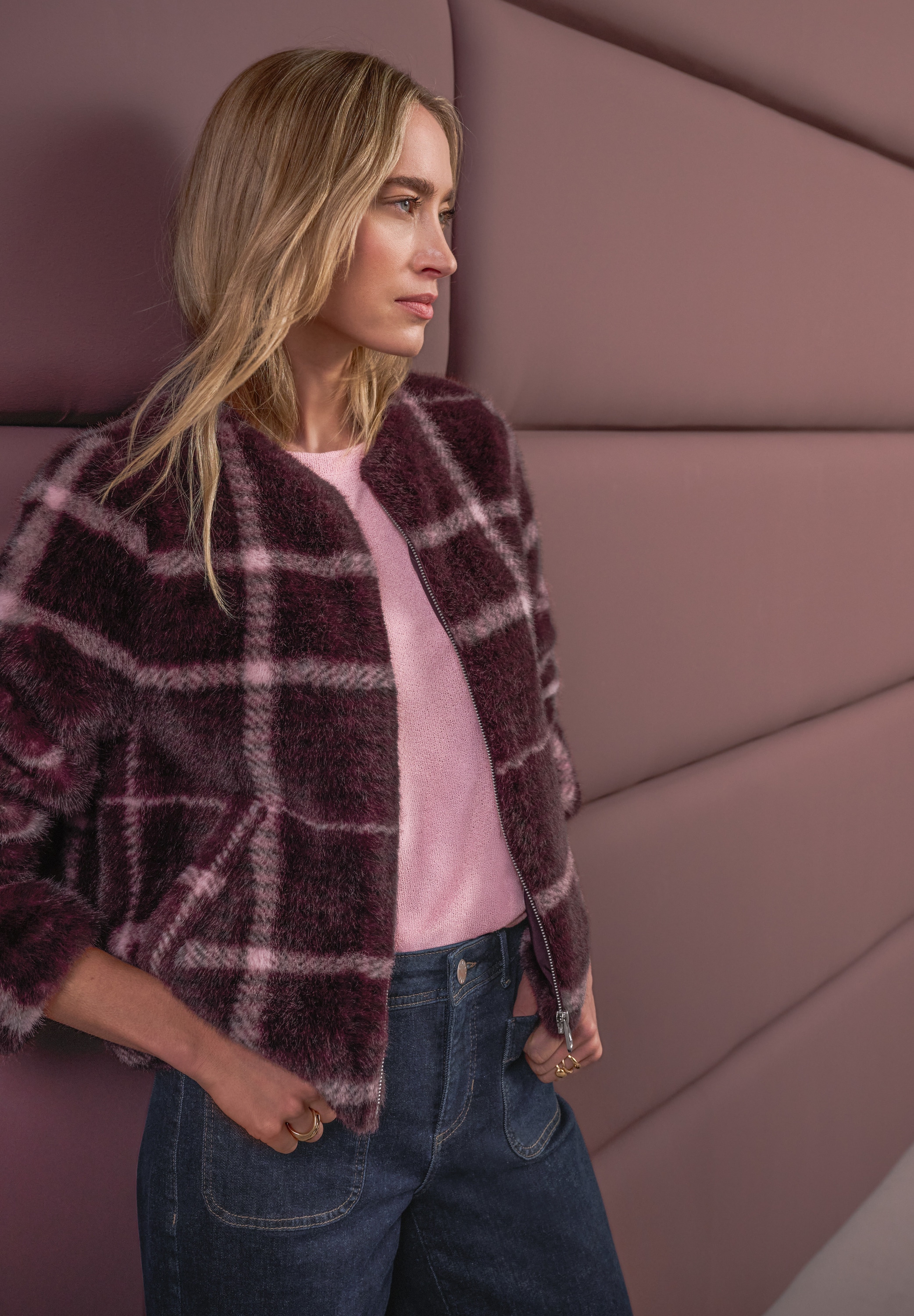 STREET ONE Kurzjacke mit Karomuster, Fake Fur