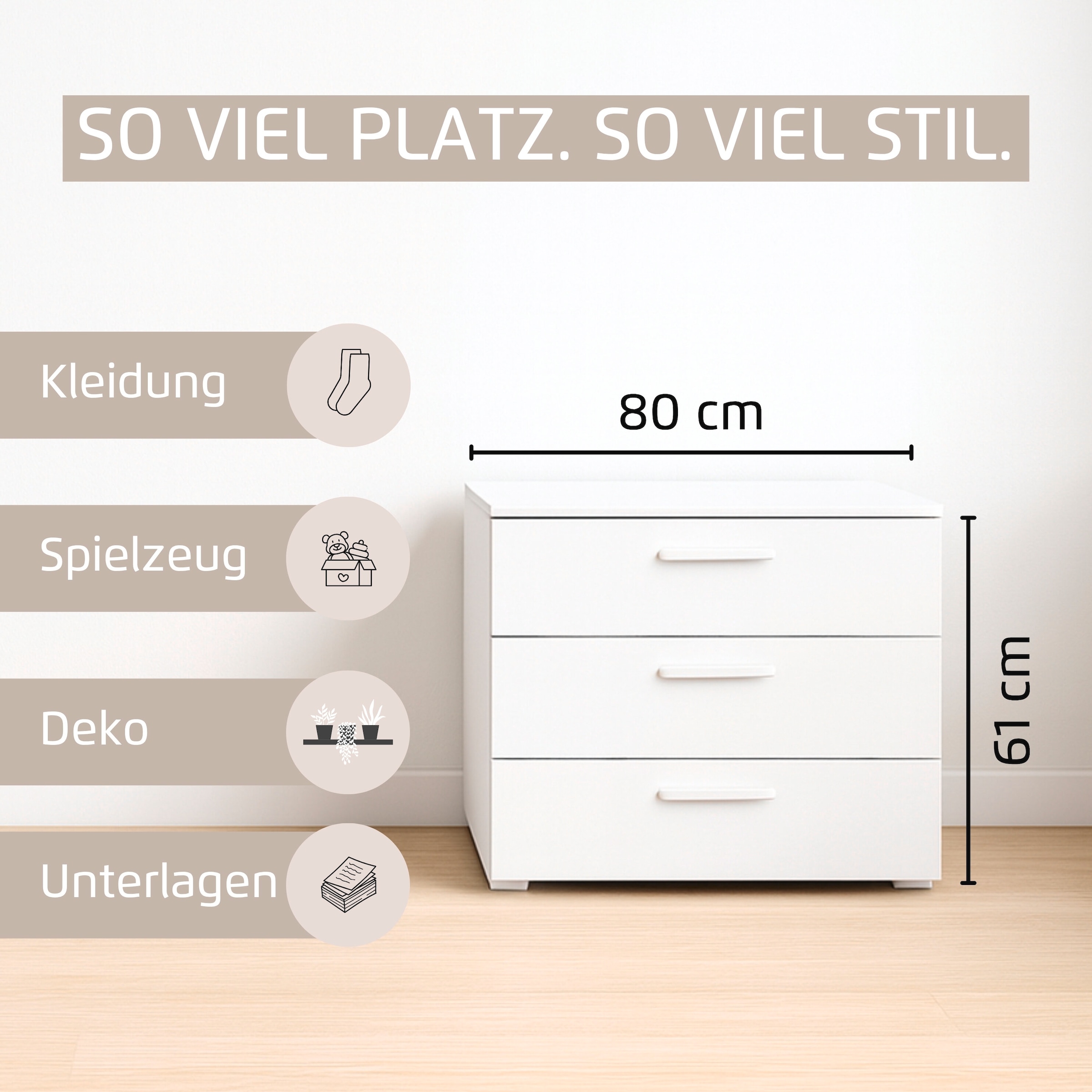 rauch Schubkastenkommode »Sideboard Schubladenkommode OTELI mit Dekor- und Hochglanzfront« Breite 80 cm inkl. Soft-Close-Funktion,  mit 3 geräumigen Schubladen für viel Stauraum MADE IN GERMANY