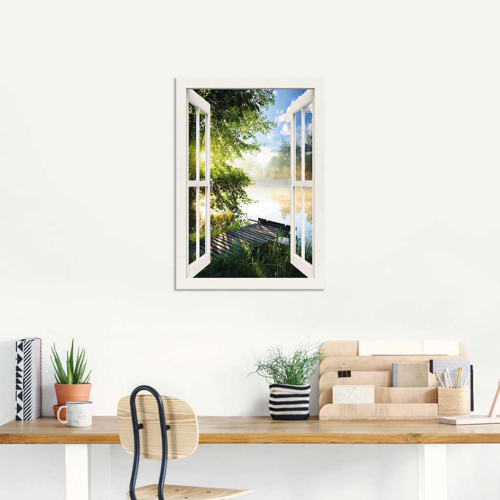 Artland Wandbild »Fensterblick Angelsteg am Fluss«, Fensterblick, (1 St.)