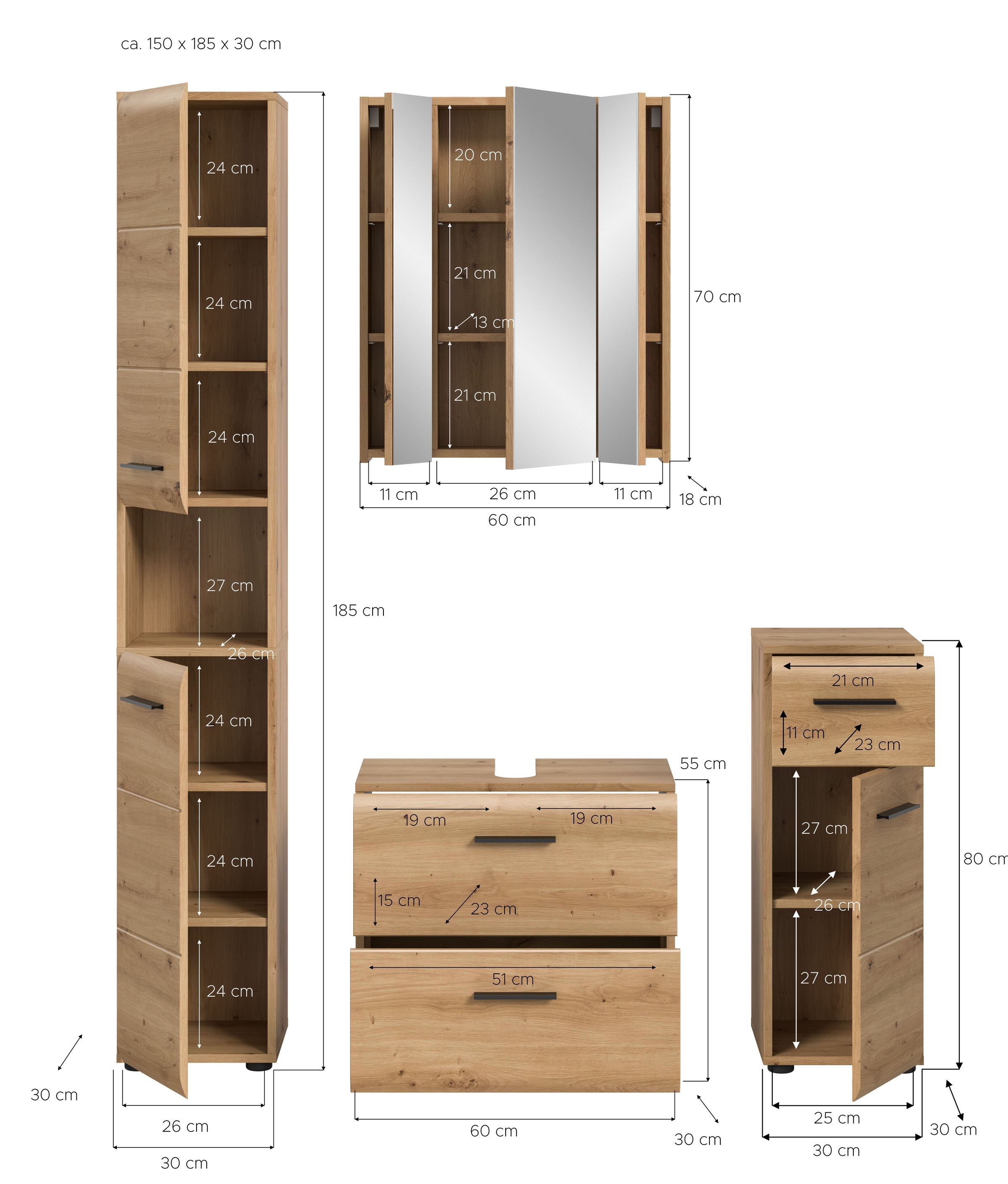 INOSIGN Badezimmer-Set, (Set, 4 St.), Florenz, Badkombination 4-tlg., Artisan Oak NB, Hochschrank, WBU