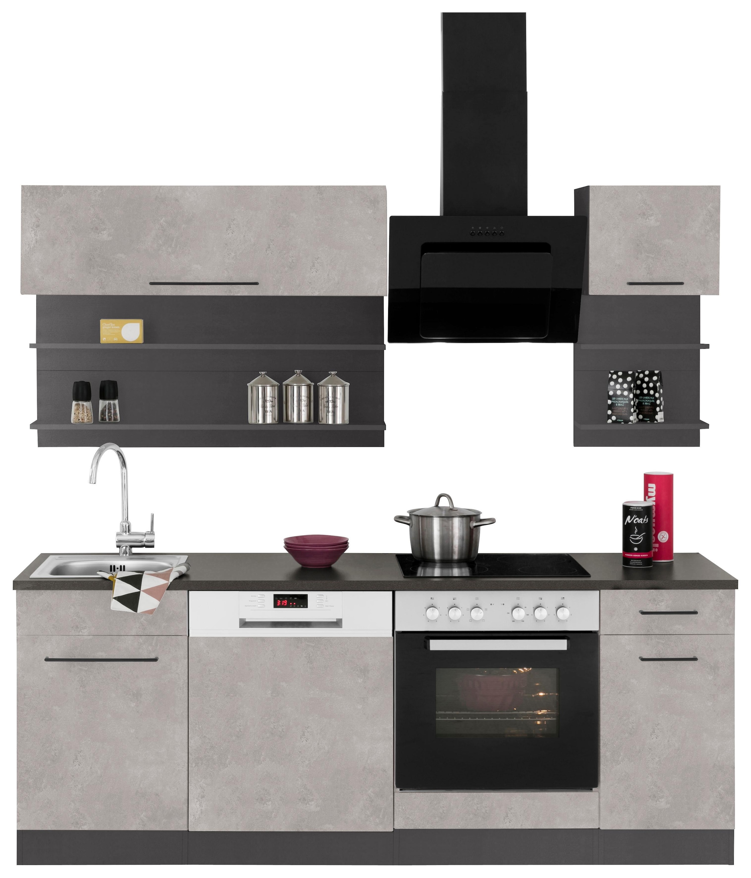 KOCHSTATION Küchenzeile »KS-Tulsa«, mit E-Geräten, Breite 210 cm, schwarze Metallgriffe, MDF Fronten