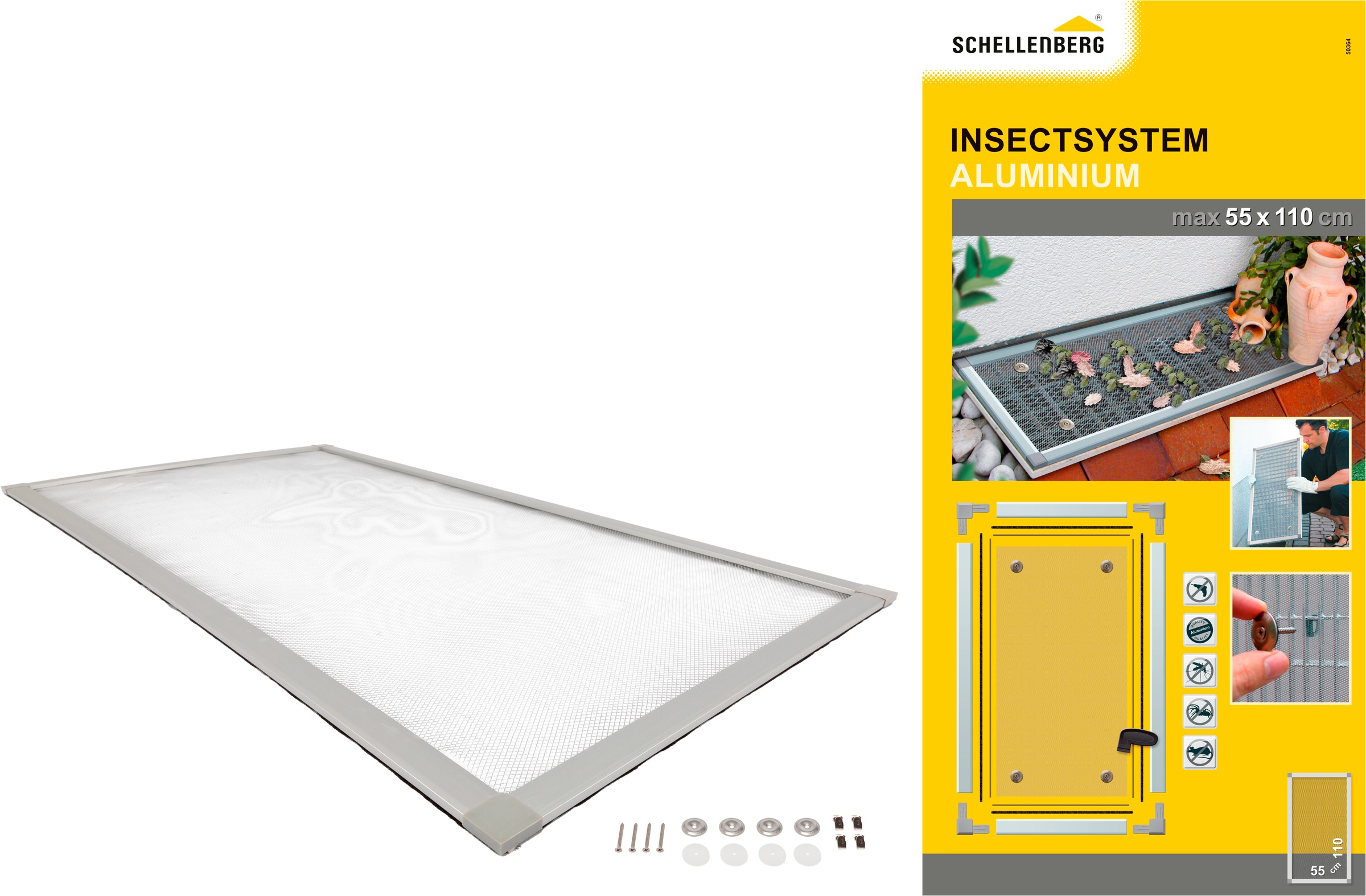 SCHELLENBERG Lichtschachtabdeckung "aus Aluminiumgewebe inkl. Alu-Rahmen kürzbar", B/H: 110cm x 55cm, 1er Pack, silber, Insektenschutzgitter,