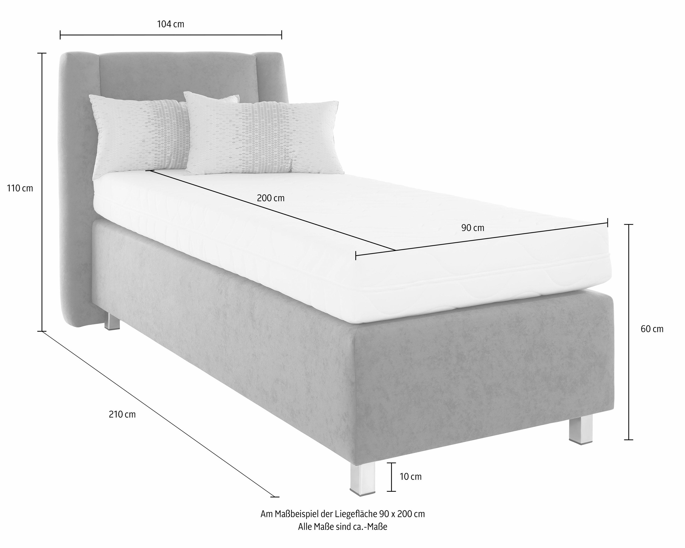 Boxspringbett, grau (mikrovelours hellgrau), Liegefläche B/L: 90cm x 200cm, H3, 5-Zonen-Tonnentaschen-Federkernmatratze, Kopfteil und seitliche Einfassung Unterbox: Mikrovelours (100% Polyester);Obermatratze und Spiegelfläche der Unterbox: 100% Polyester; 3