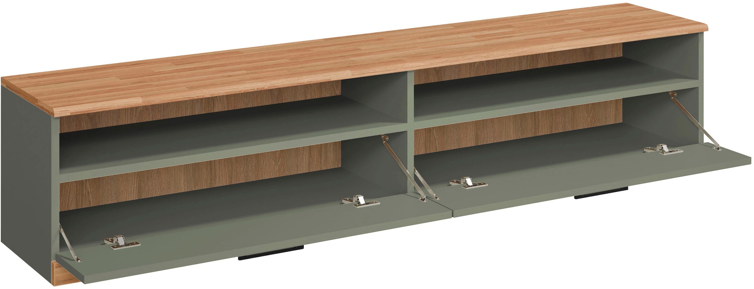 Home affaire Lowboard »Ribe,140cm breit,38cm hoch mit 2 Klappen,Oberplatte aus Massivholz«, Eiche massiv,Melamin in Salbeigrün,schwarze Metall Griffe