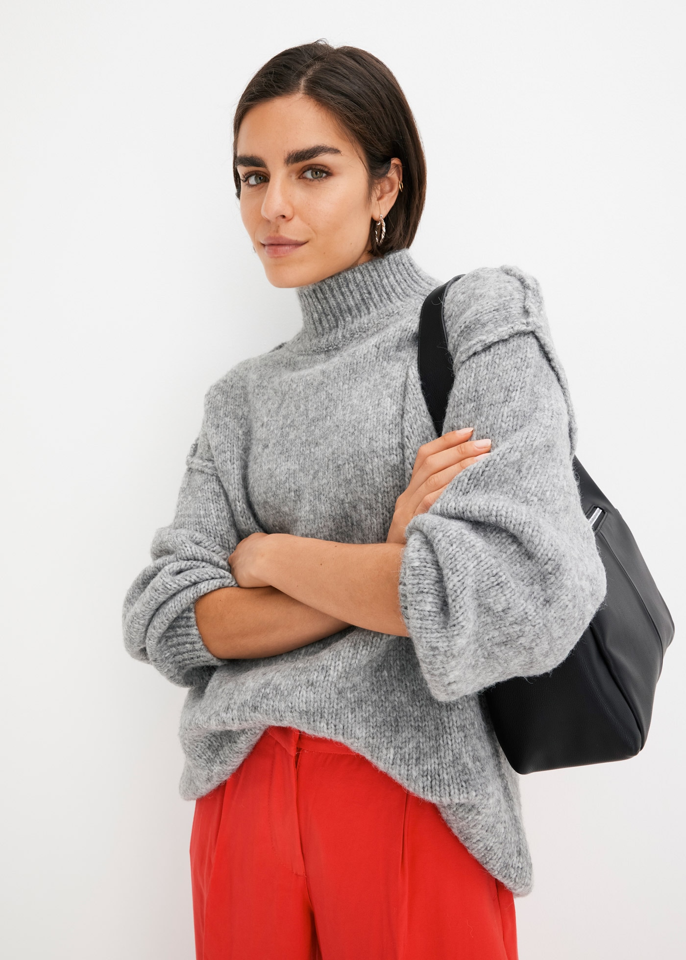 bonprix Strickpullover "Grobstrick-Pullover" mit Wollanteil, mit Stehkragen, oversized, markante Nähte