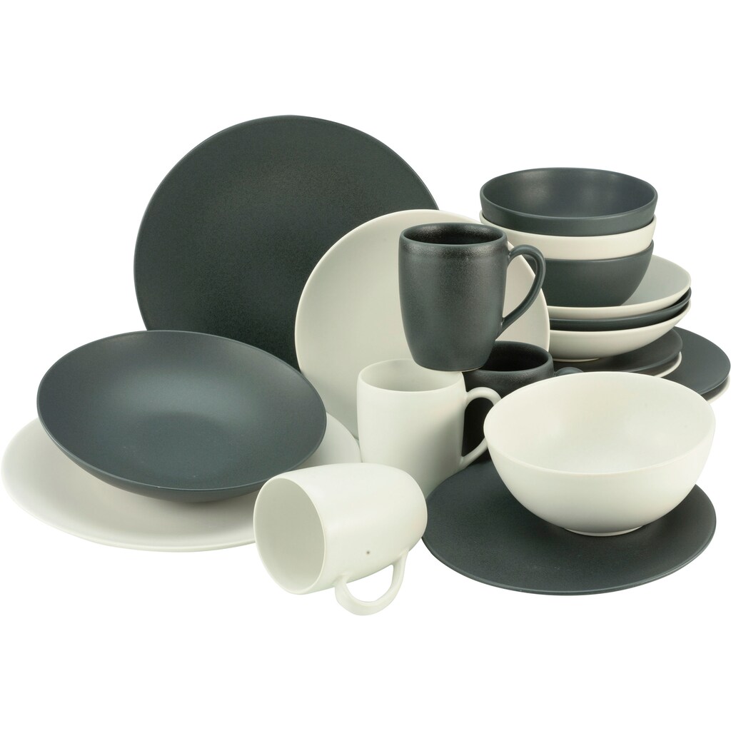 CreaTable Kombiservice »Geschirr-Set Soft Touch Black & White«, (Set, 16 tlg., Kaffeeservice und Tafelservice im Set, für 4 Personen)