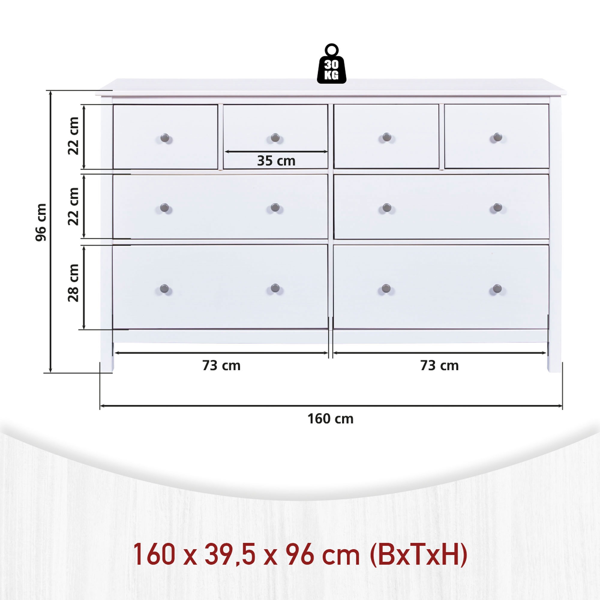 Inter Link Schubkastenkommode »Pinora, Kiefer Massivholz, Weiss, 160 x 39,50 x 96 cm, viel Stauraum« 1 Stk. tlg. Sideboard im modernem Skandi Look, 8 Schubladen, Aufbewahrungsschrank