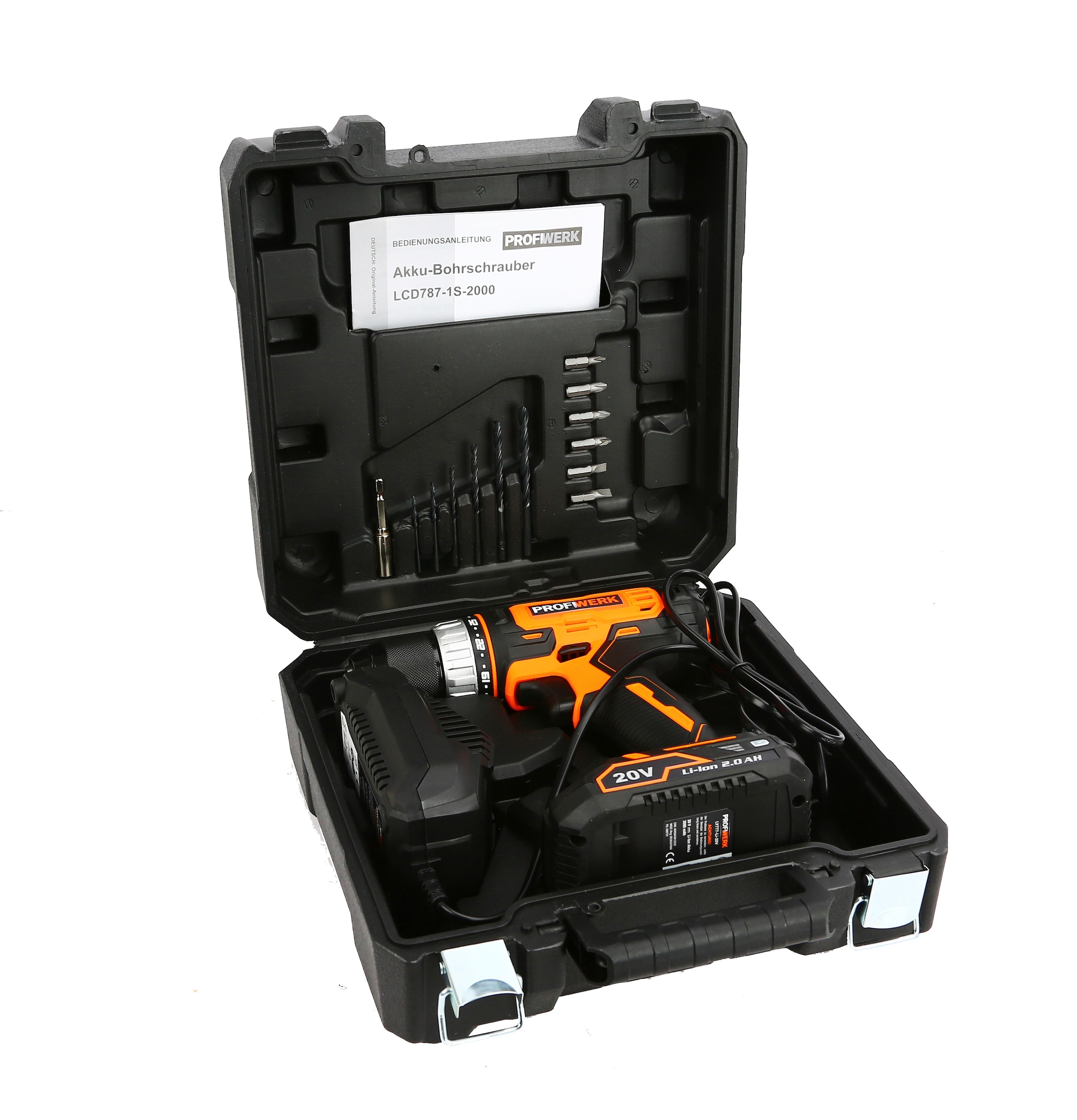 Profiwerk Akku-Bohrschrauber »PWBS-01-Kit 20V«, (2,0Ah Akku, Netzteil, Transportkoffer, Bit-& Bohrerset)