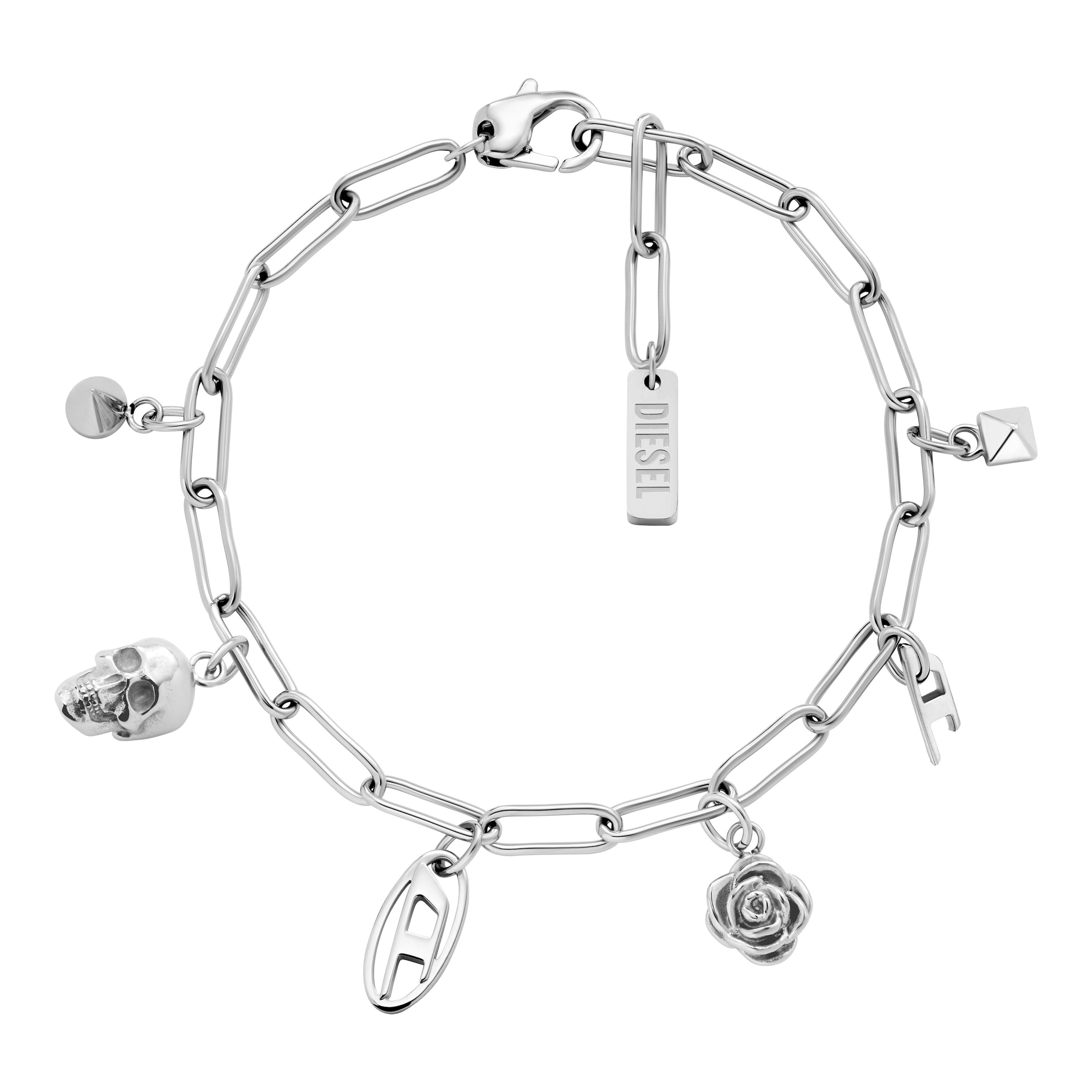 Charm-Armband DIESEL "Schmuck Geschenk Edelstahl Totenkopf Rose", silber (edelstahlfarben), Armbänder, Damen, 21,3cm, Edelstahl, Charm-Armband
