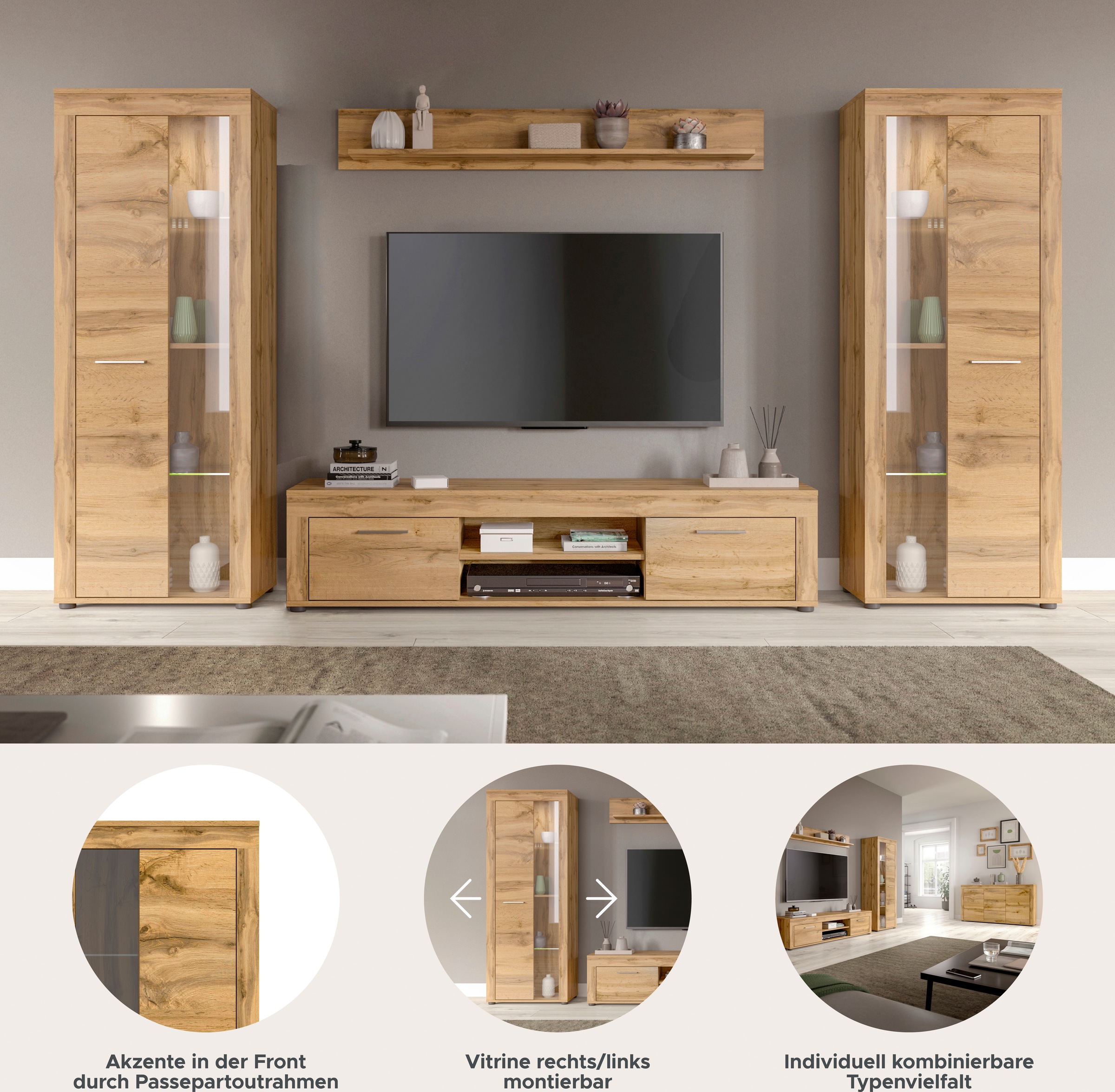 Thumbnail - Home affaire Wohnwand "Aosta, Breite 310cm, best. aus: 2x Vitrine, Lowboard, Wandboard"