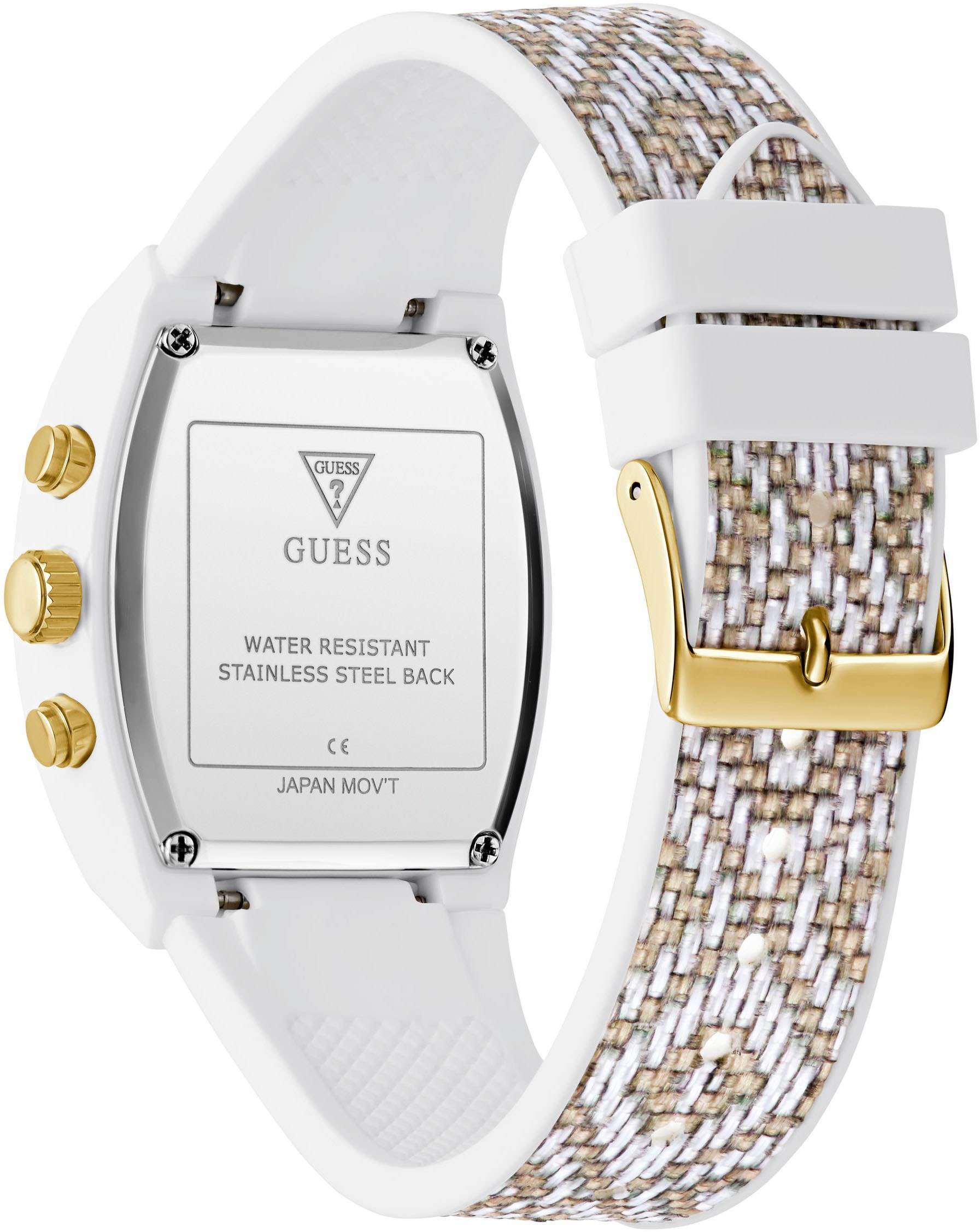 Guess Multifunktionsuhr »RENDEZVOUS«, Quarzuhr, Armbanduhr, Damenuhr, Datum, Wochentag, Nylon/Silikonarmband