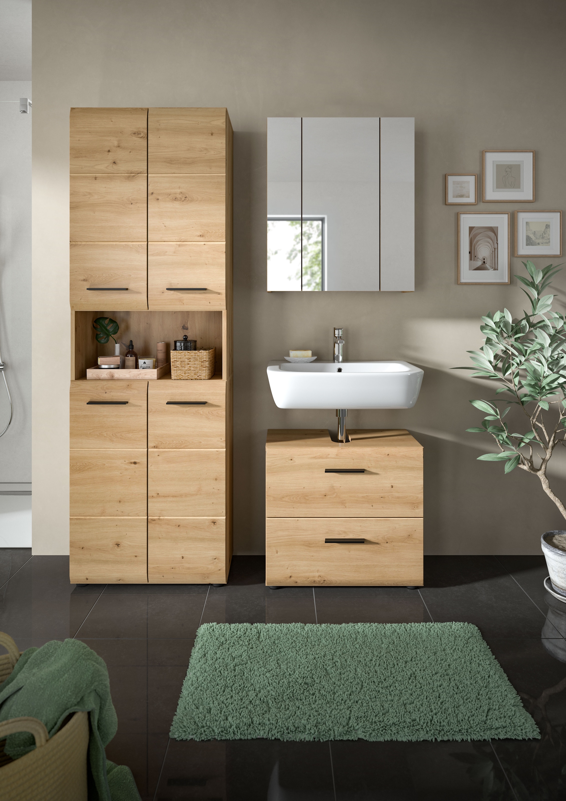welltime Badmöbel-Set »FLORENZ,  3-teilige Badkombination, hochwertige MDF-Front« Set, best. aus: 1 Hochschrank, 1 Waschbeckenunterschrank, 1 Spiegelschrank, 3 Stk. tlg.