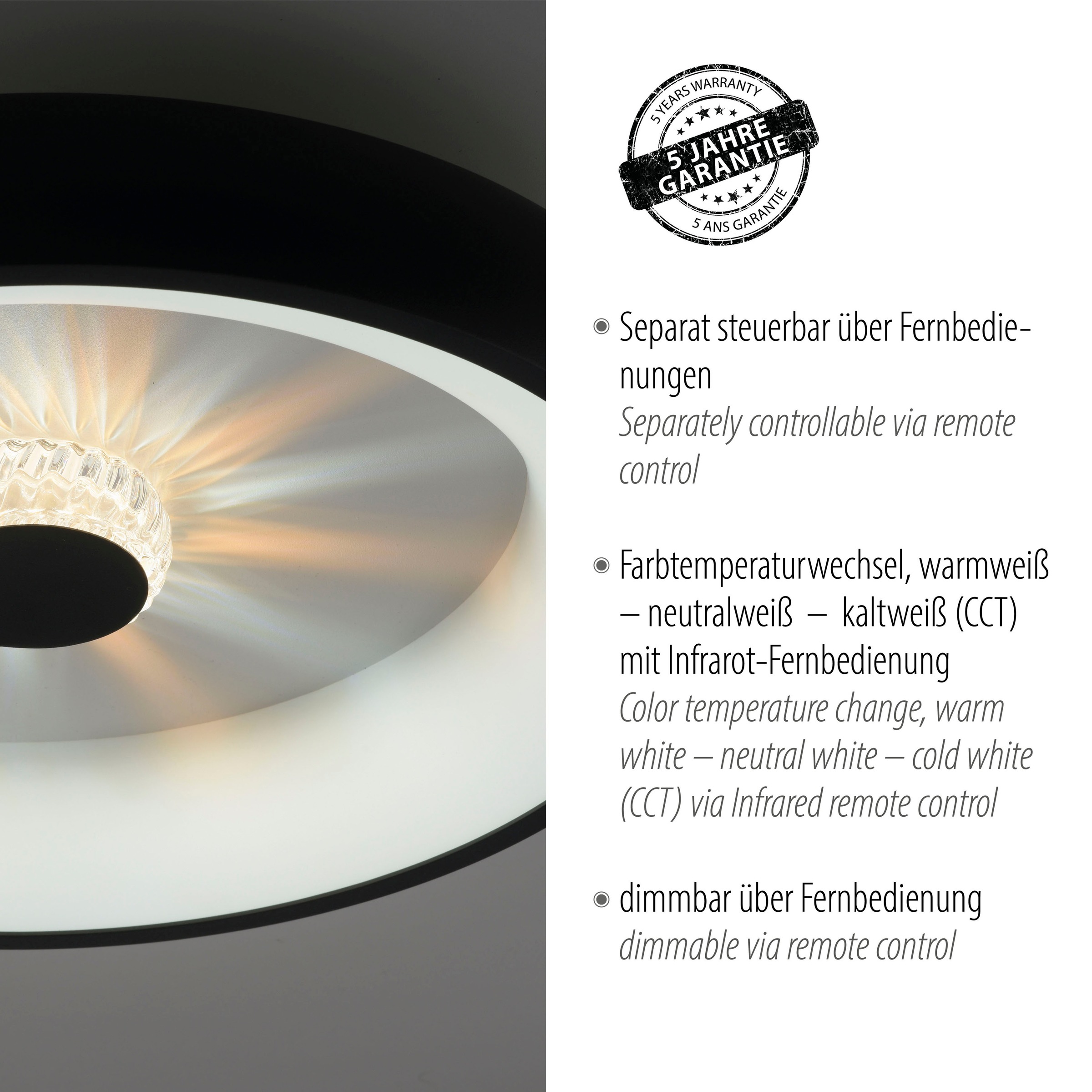 JUST LIGHT Deckenleuchte »VERTIGO«, 1 flammig, Leuchtmittel LED-Board | LED fest integriert, CCT über Fernbedienung, Funk inkl., separat steuerbar über FB, Memory