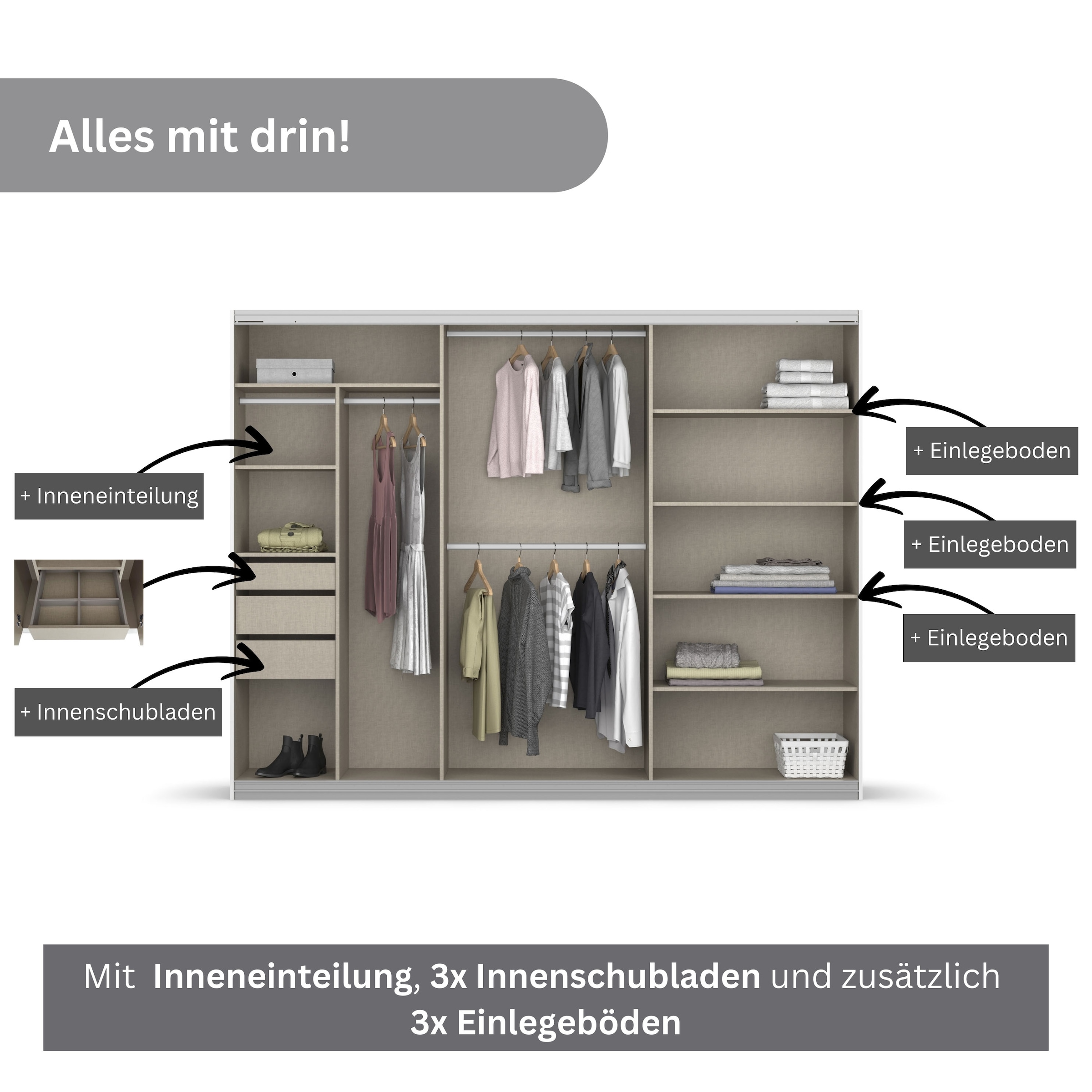 rauch Schwebetürenschrank Oteli inkl. Wäscheeinteilung mit 3 Innenschubladen sowie zusätzlichen Böden