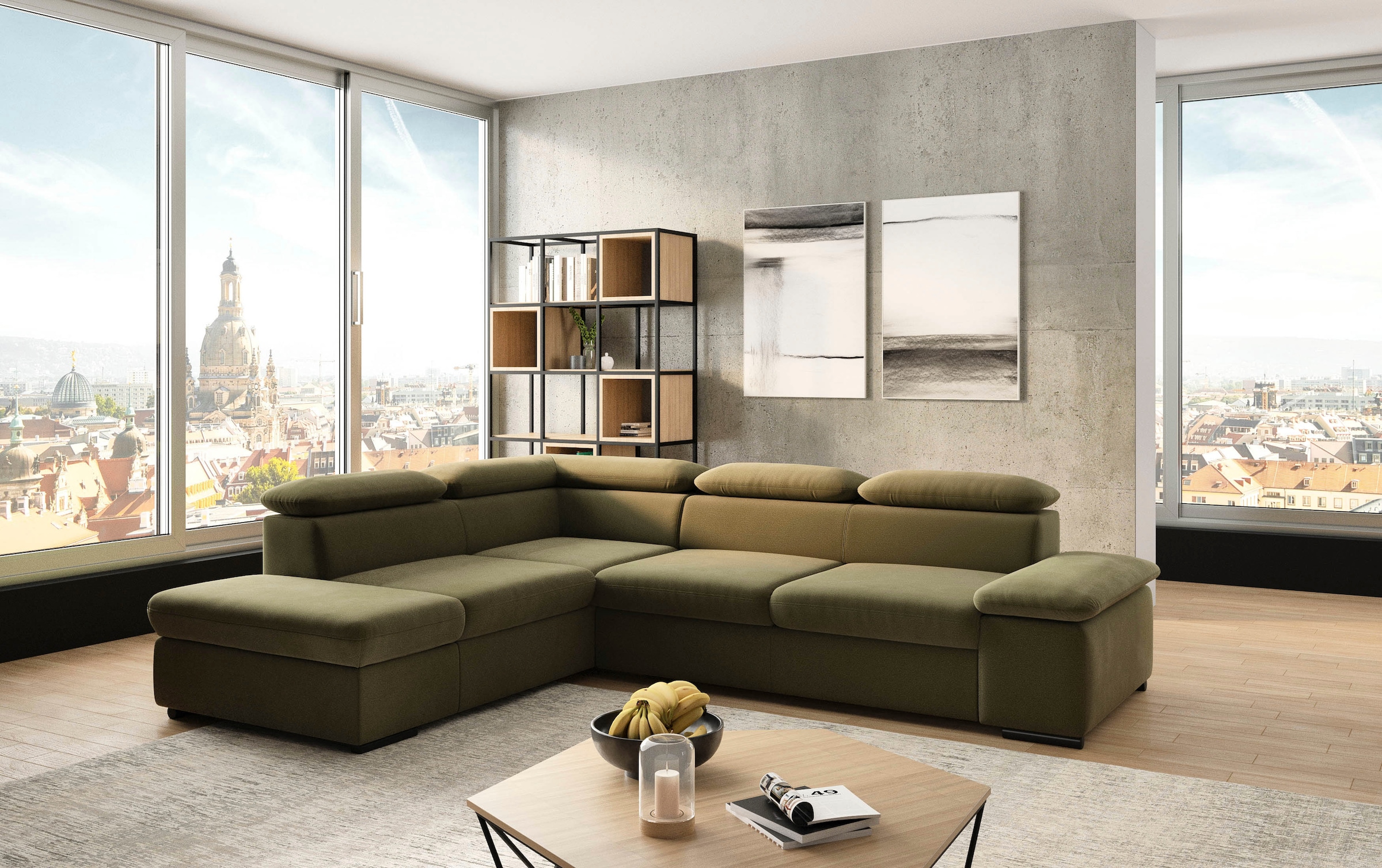 Ecksofa SIT & MORE "Alcudia L-Form", grün (olive), B:272cm H:73cm T:226cm, 98% Polyester, 2% Polyamid, Sofas, Ecksofa, mit Armteilverstellung, optional Kopfteilverstellung und Bettfunktion