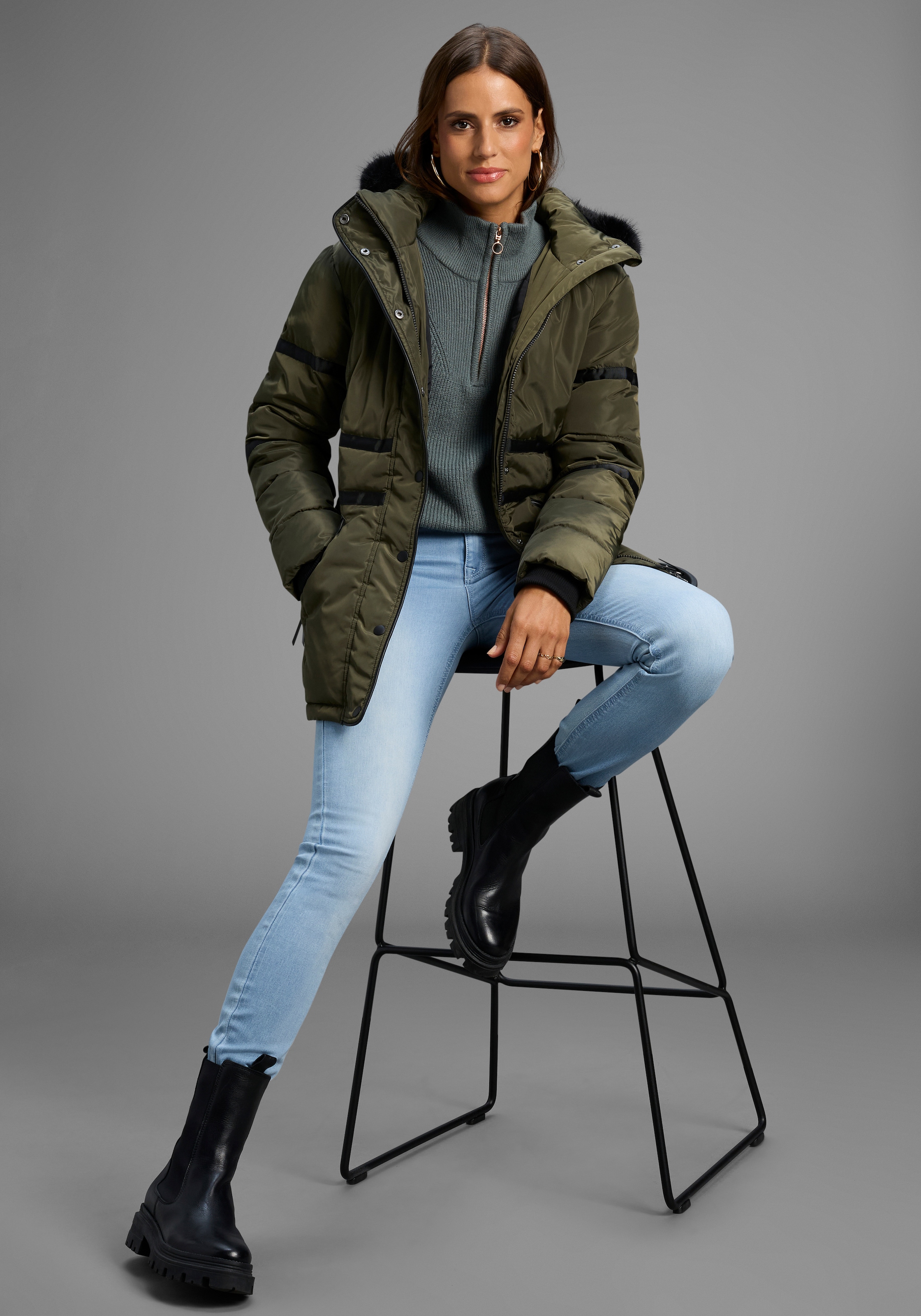 Laura Scott Winterjacke, mit Kapuze, mit abnehmbarer Kapuze und Fellimitat