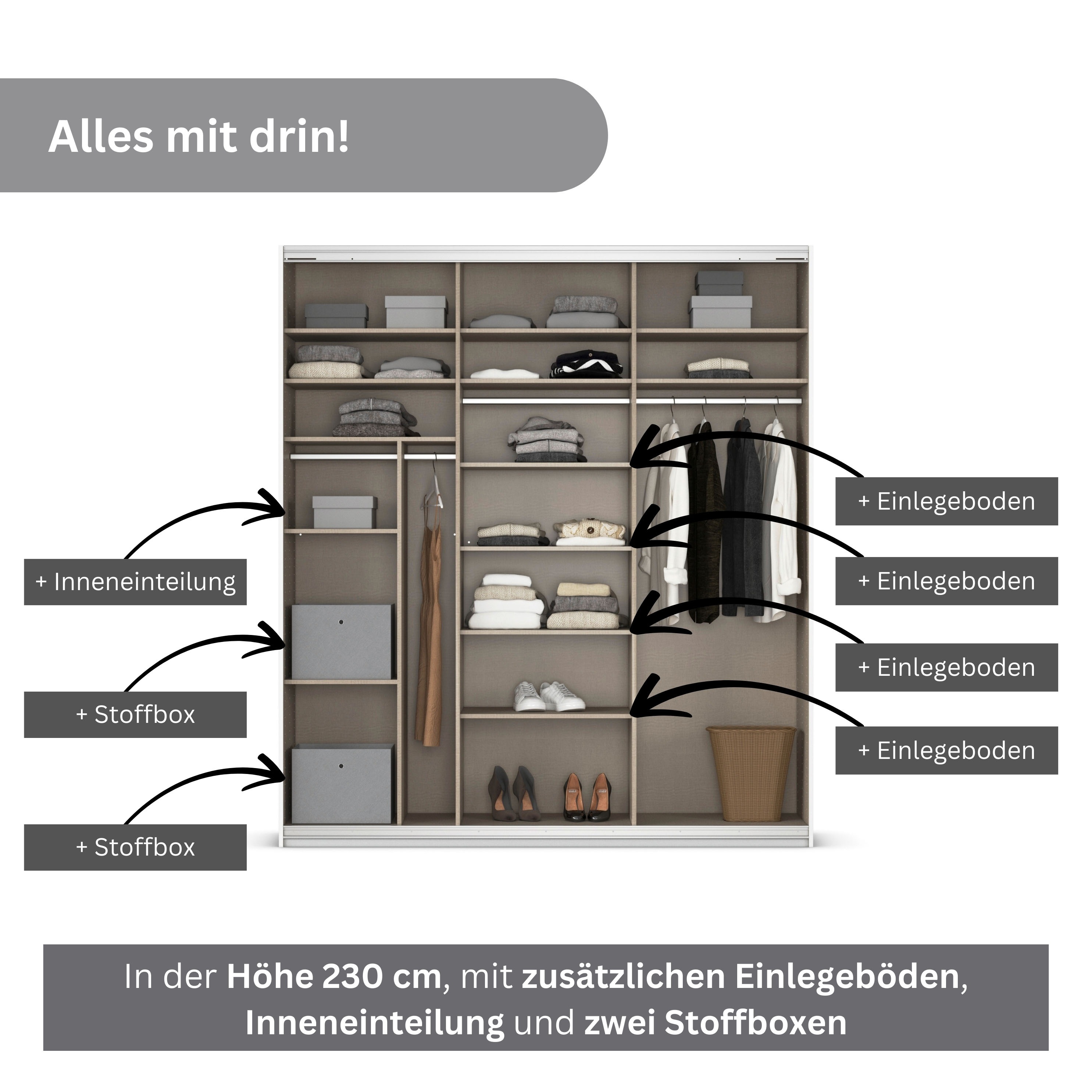 Thumbnail - rauch Schwebetürenschrank "Schwebetürenschrank Kleiderschrank Schrank Garderobe CORTONA", inkl. Inneneinteilung, 2 Stoff...
