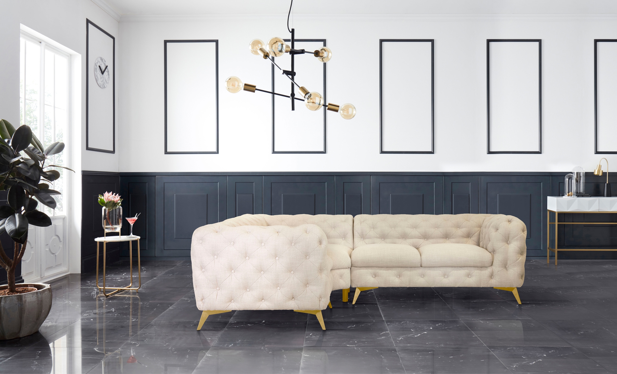 Home affaire Chesterfield-Sofa »Ecksofa GLYNIS L-Form mit Wellenunterfederung, Maße B/T/H 264/204/75cm« aufwändige Knopfheftung, moderne Chesterfield Optik, Fußfarbe wählbar