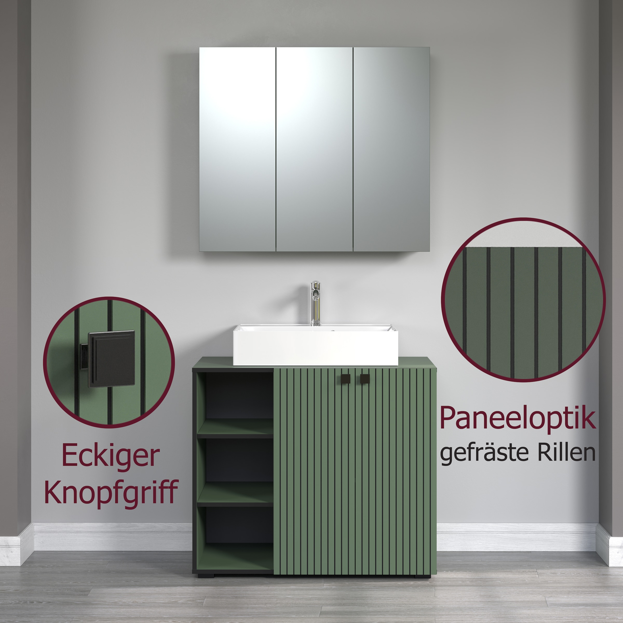 welltime Waschtisch »Amrum Waschbeckenunterschrank und Waschbecken«, Waschbeckenunterschrank mit Rillenoptik - Maße (B/T/H) 90/53/79 cm