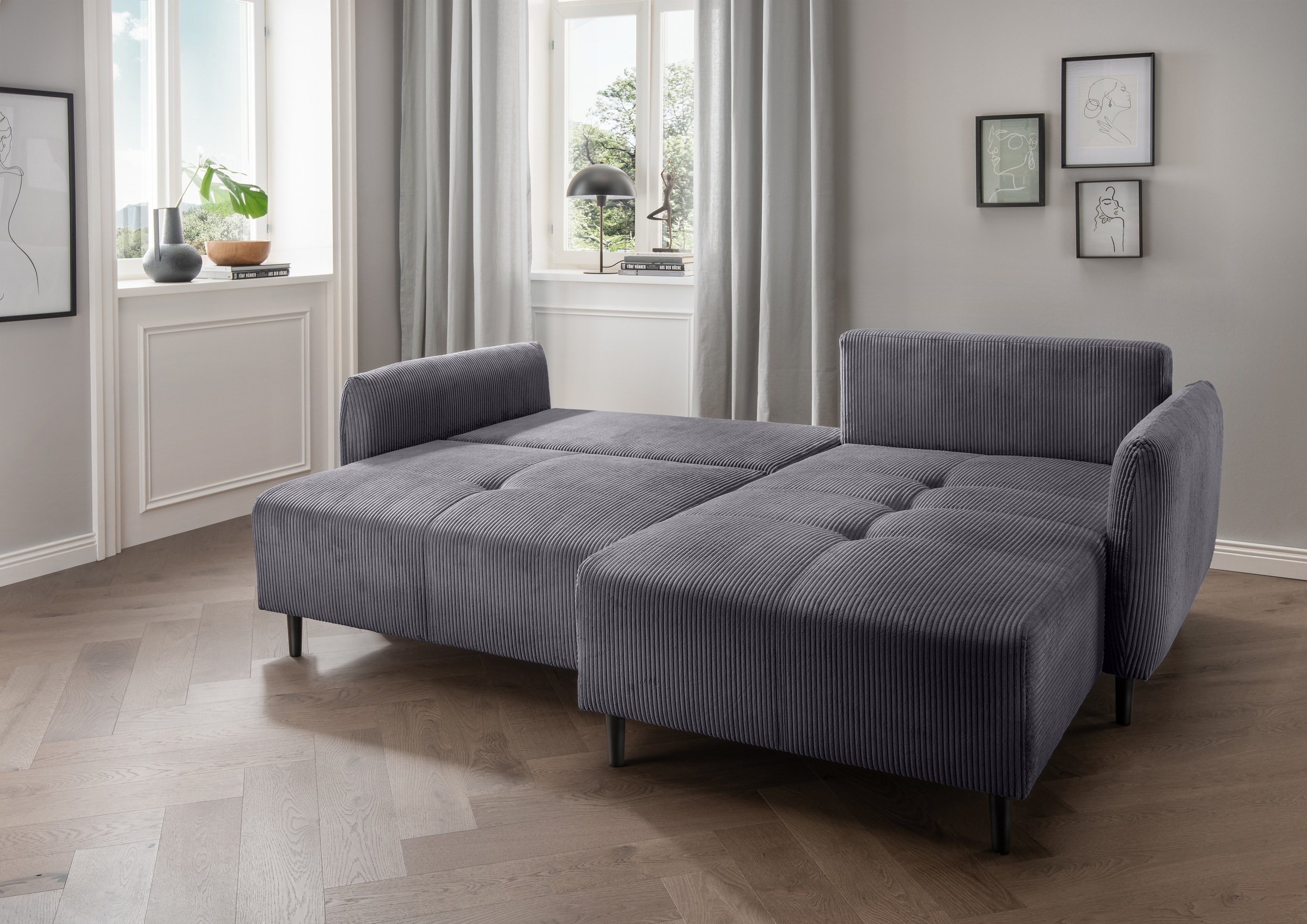 INOSIGN Ecksofa »Mara, L-Form, aktueller Cord Bezug und tolle Farben, schmale Armlehnen«, whlw. mit Bettfunktion,Recamiere links/rechts montierbar, Breite 238cm