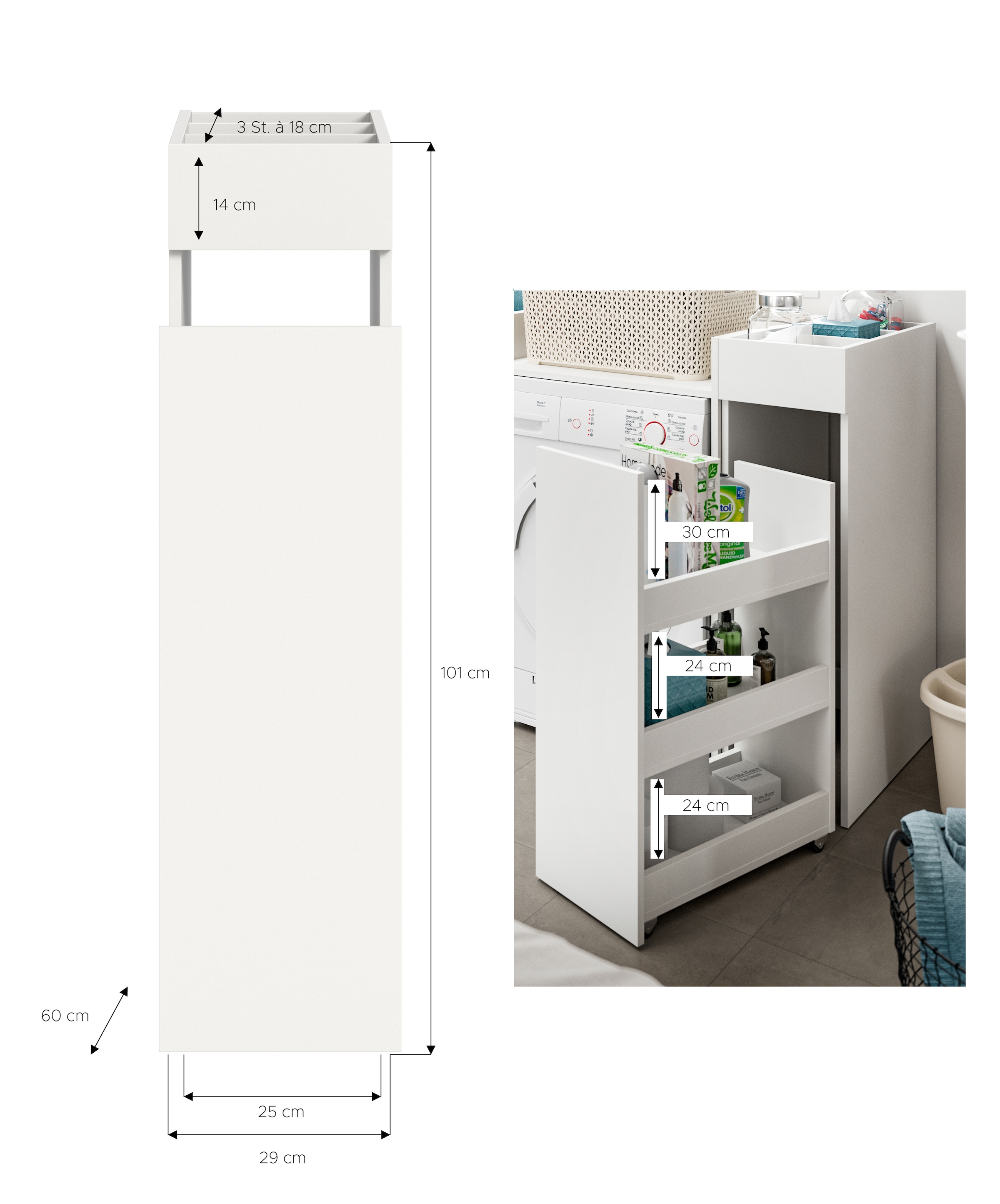 welltime Standregal »Falas, Höhe 101cm, Apothekerauszug mit 3 Fächern,3 offene Ablagefächer«, Rollregal, Organizer, Anstellregal, Anstellschrank, Badschrank