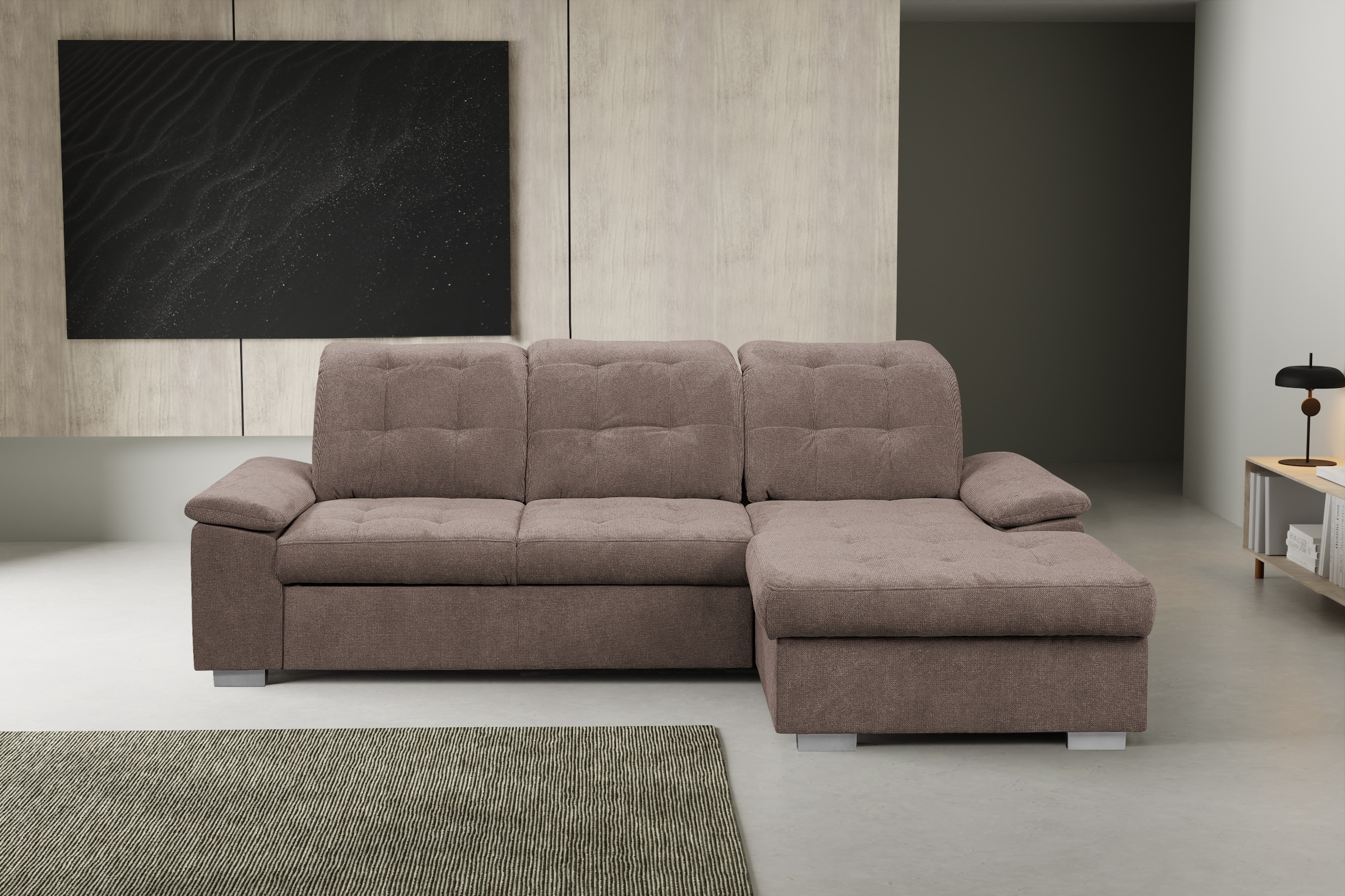 WERK2 Ecksofa "Carmen 264 cm breit L-Form Sofa Schlaffunktion Kopfstützen verstellbar" Schlafcouch mit Bettkasten, Eckcouch wahlw. mit Sitztiefenverstellung