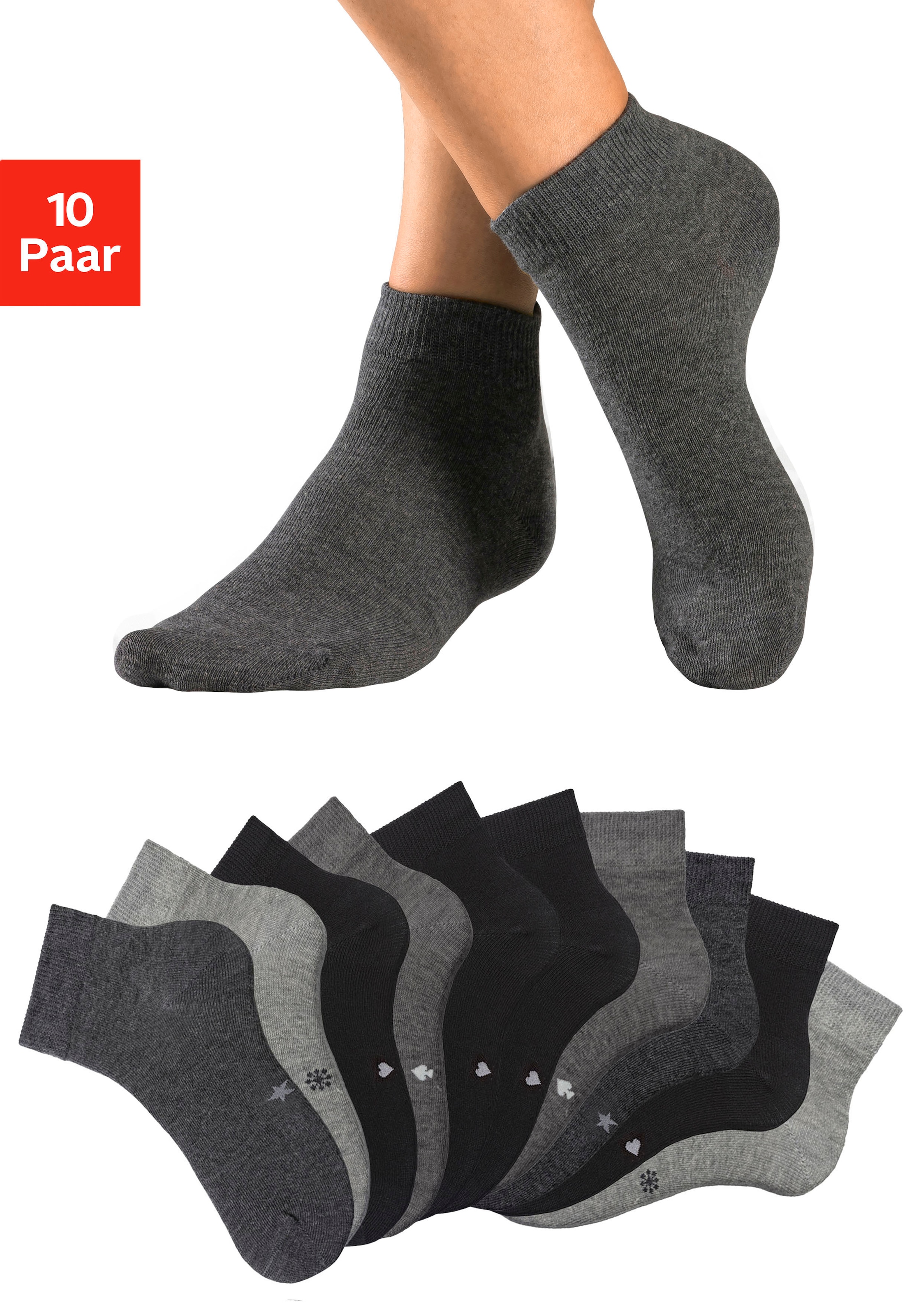 H.I.S Kurzsocken "Damen Herren Kurzschaft Socken" Packung, 10 Paar tlg. mit eingestrickten Symbolen, leicht zum sortieren