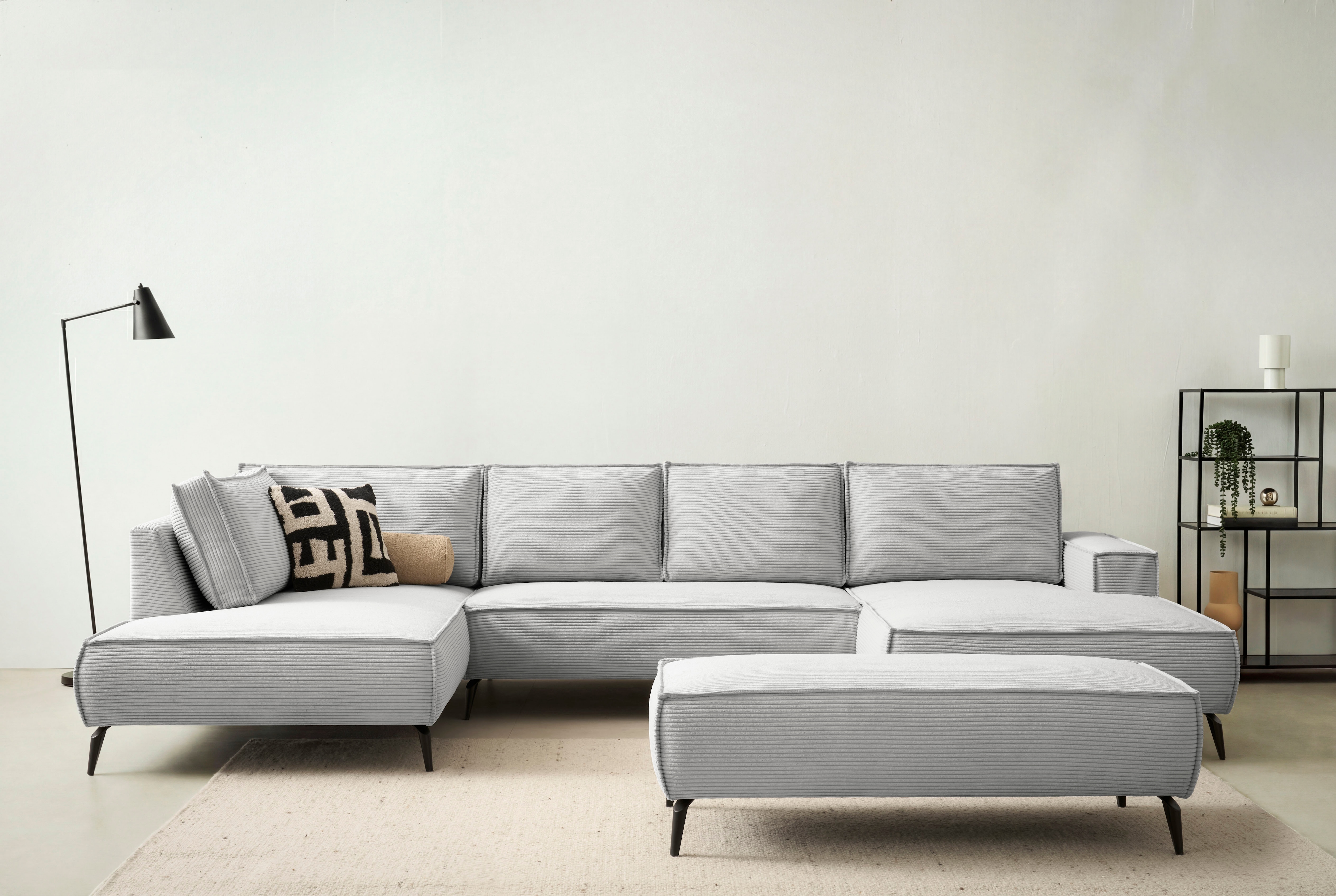 OTTO home Wohnlandschaft "TVINNU Cord, 354 cm, mit Hocker" Recamiere rechts/links, stellbar zum Schlafsofa (Krokodilverbinder)