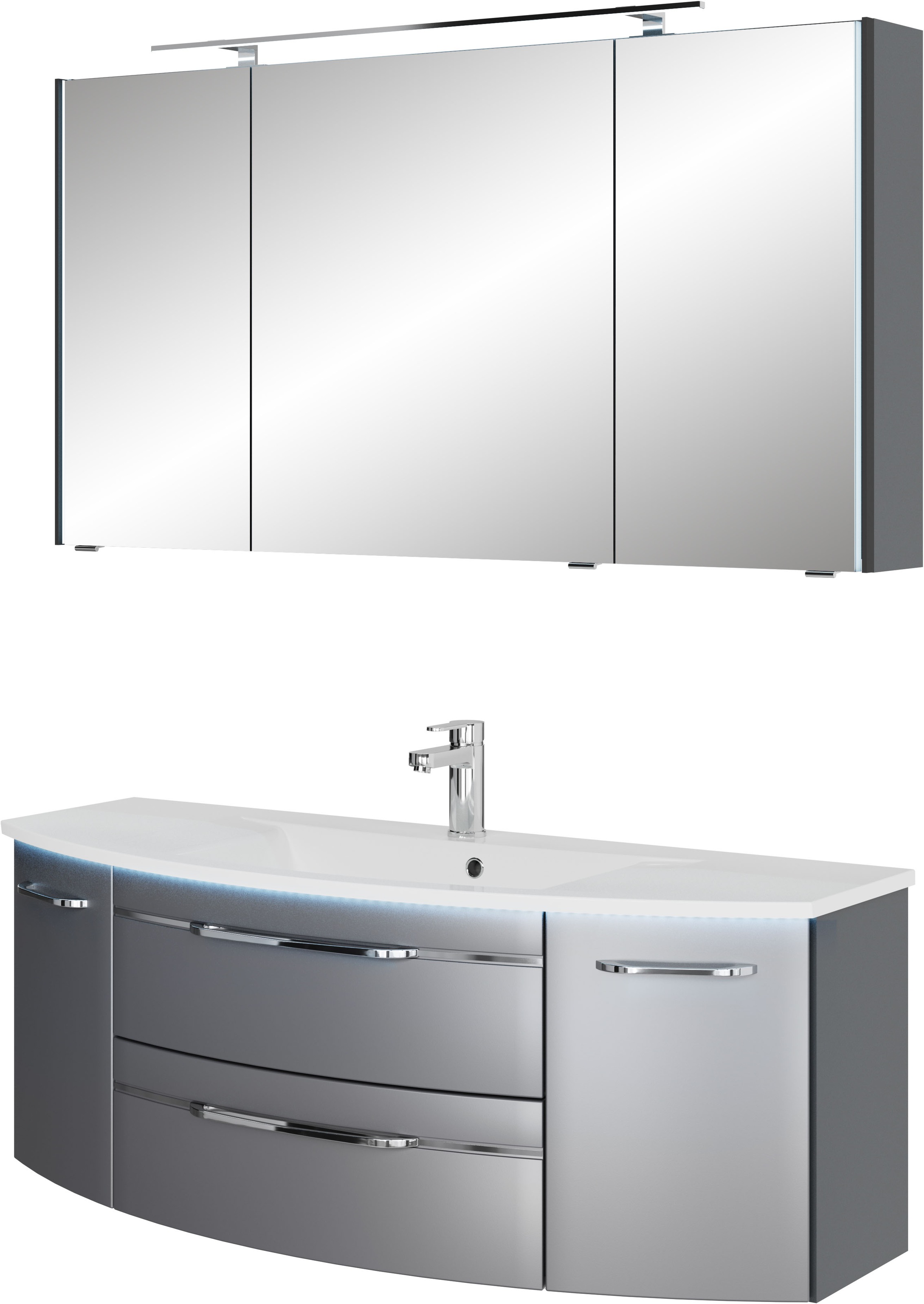 Saphir Badmöbel-Set »Serie 7045 2-teilig Mineralmarmor-Waschtisch mit LED-Spiegelschrank«, (Set, 2 St.), Badezimmer-Set 133,2 cm breit, inkl. Türdämpfer, 5 Türen, 2 Schubladen