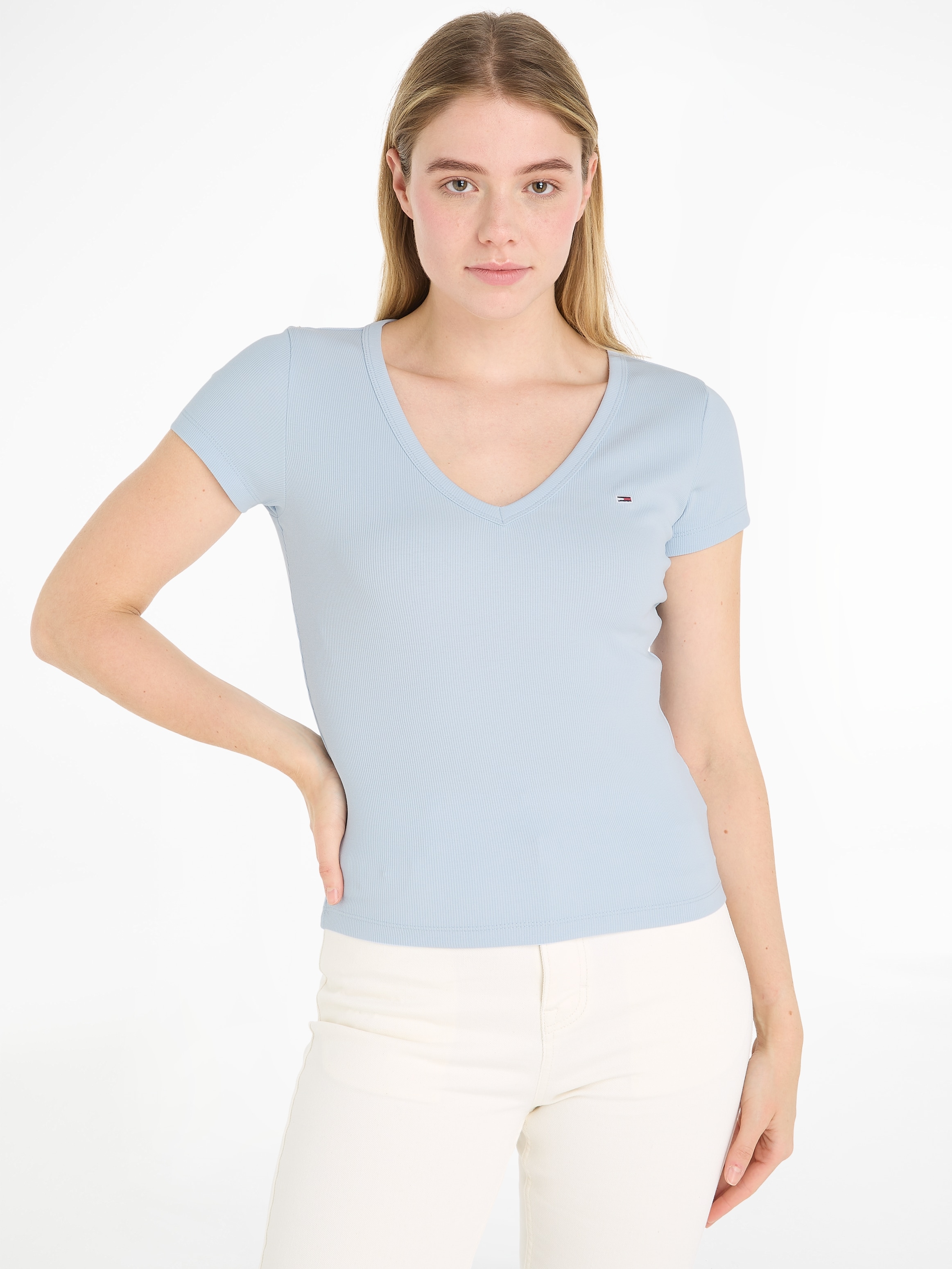 Logostickerei V-Neck BAUR kaufen T-Shirt Rib Essential Jeans Rippshirt«, mit Tommy | »Slim