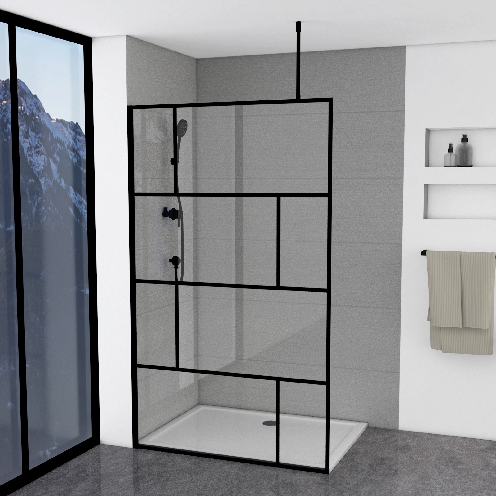 Marwell Walk-in-Dusche "Bricks" 2 Stk. tlg. 90 x 195 cm, inkl. Haltestange für Deckenmontage