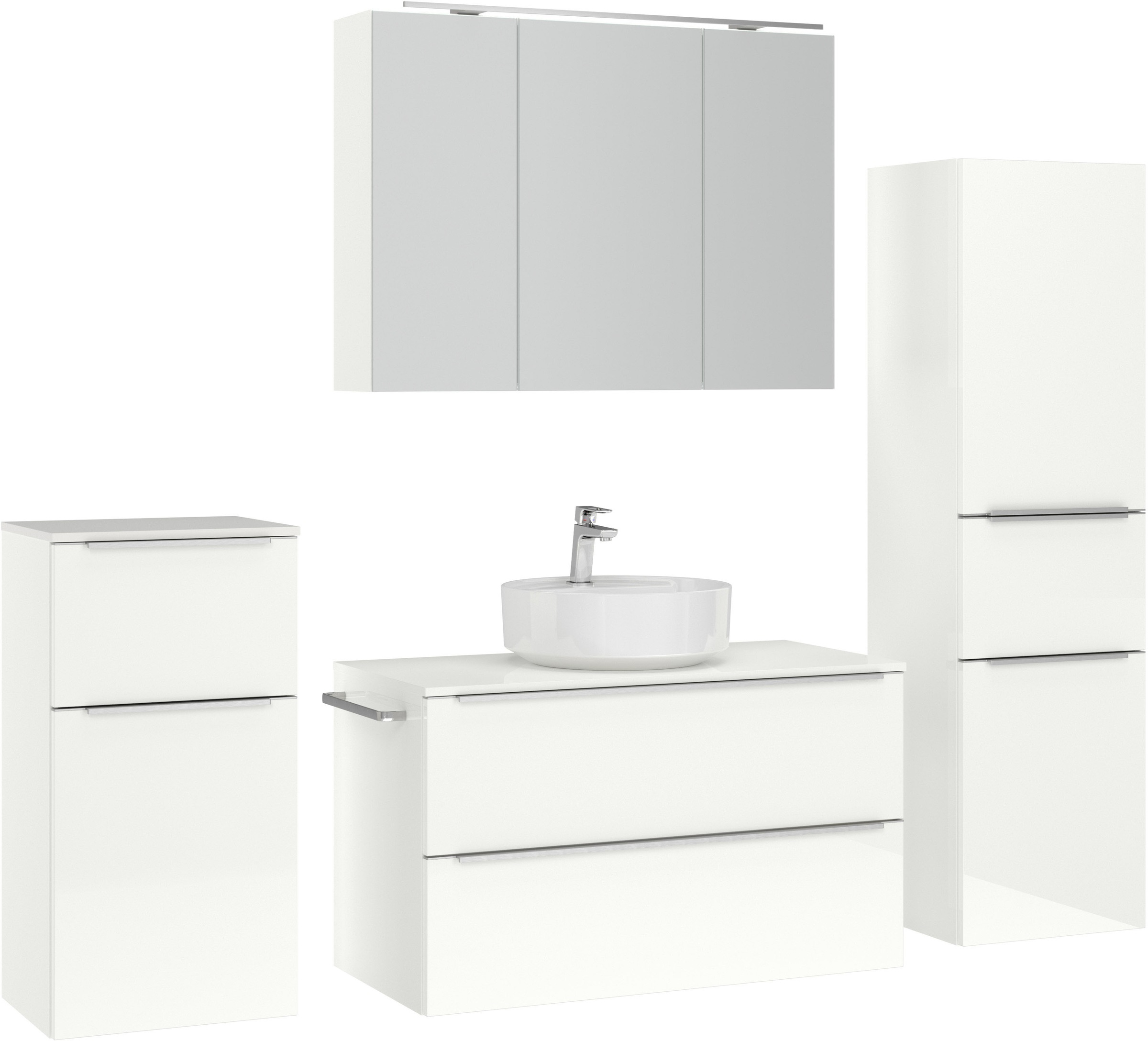 nobilia® Badmöbel-Set »Alvene«, (4 St., vormontiert, mit Soft-Close), inkl. Spiegelschrank mit Beleuchtung und Dimmerfunktion, in 4 Breiten