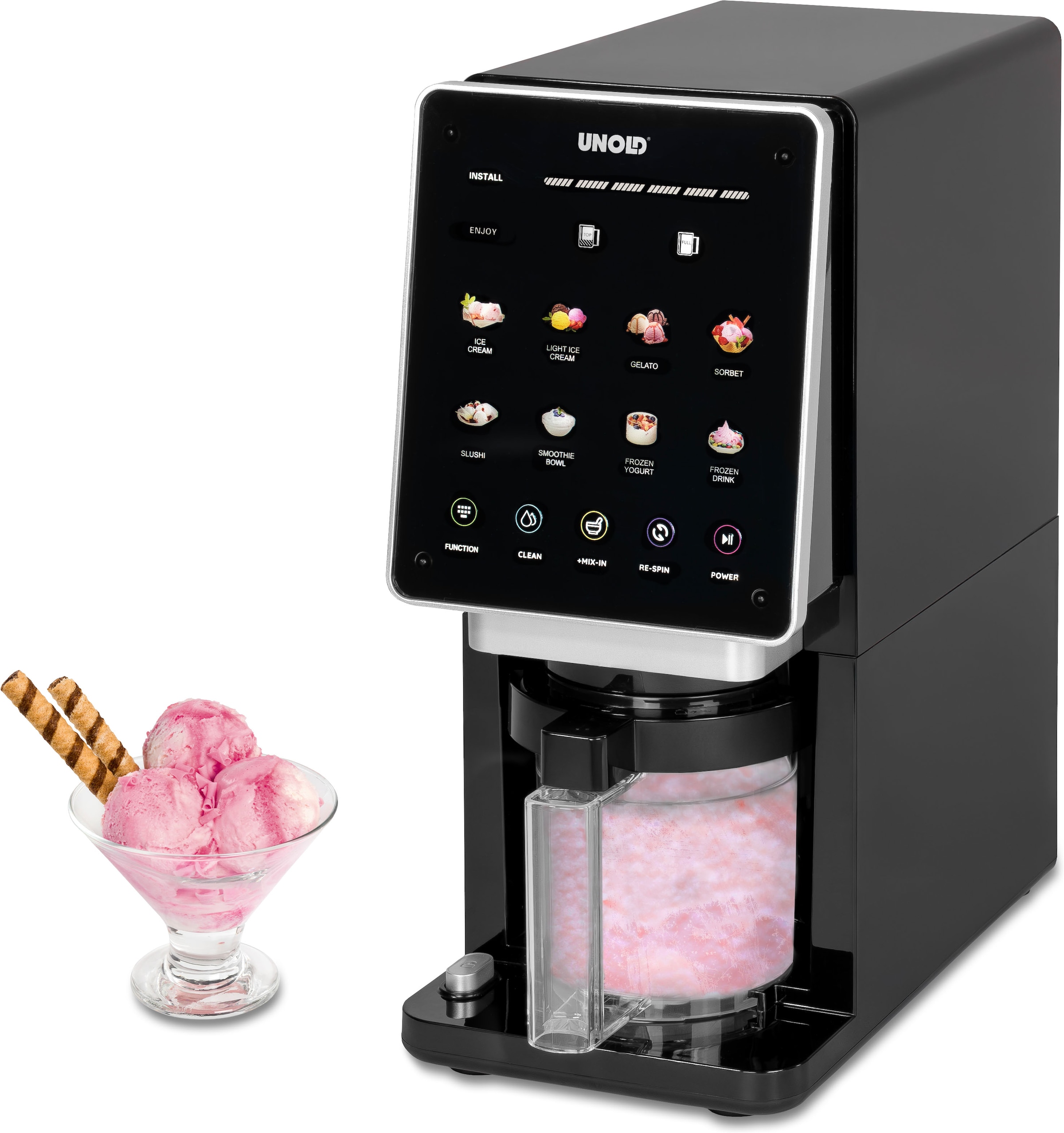 UNOLD Eismaschine "Cream-Dream, 8 vielseitige Programme", schwarz, B:16,2cm H:38,3cm T:33,4cm, Eismaschinen, Inkl. 3 x 500 ml Behälter, Topseller - Ei
