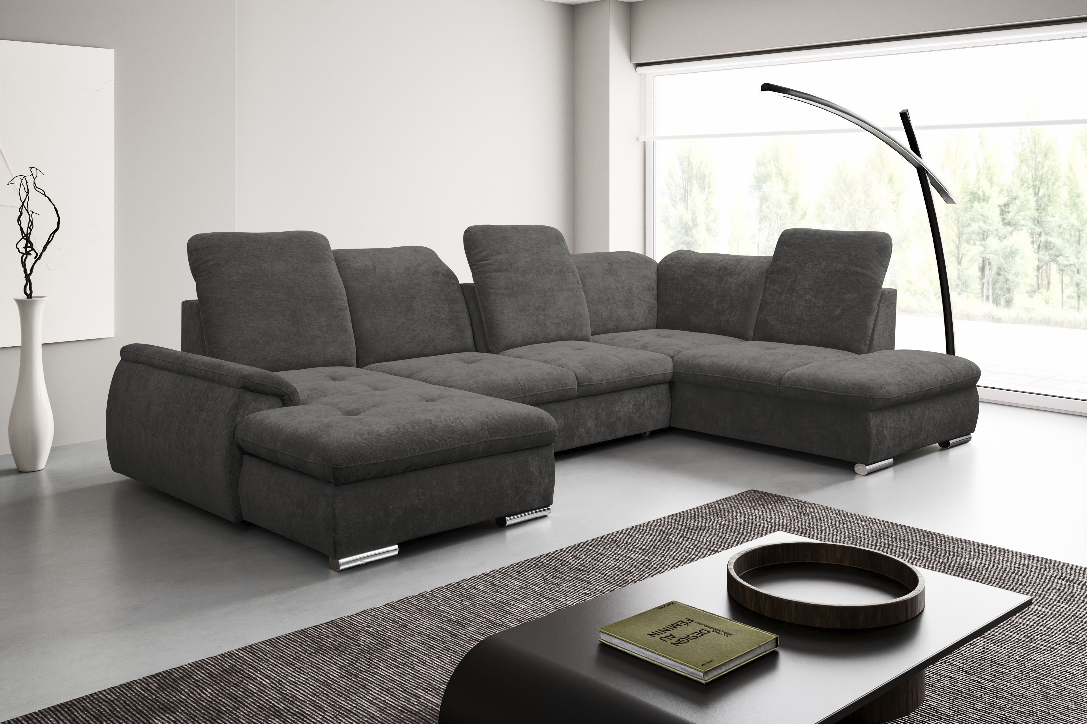 WERK2 Wohnlandschaft "Pula 356 x 237 cm modern und bequem" U-Form, XXL, Schlaffunktion, Bettkasten, verstellbare Kopfteile