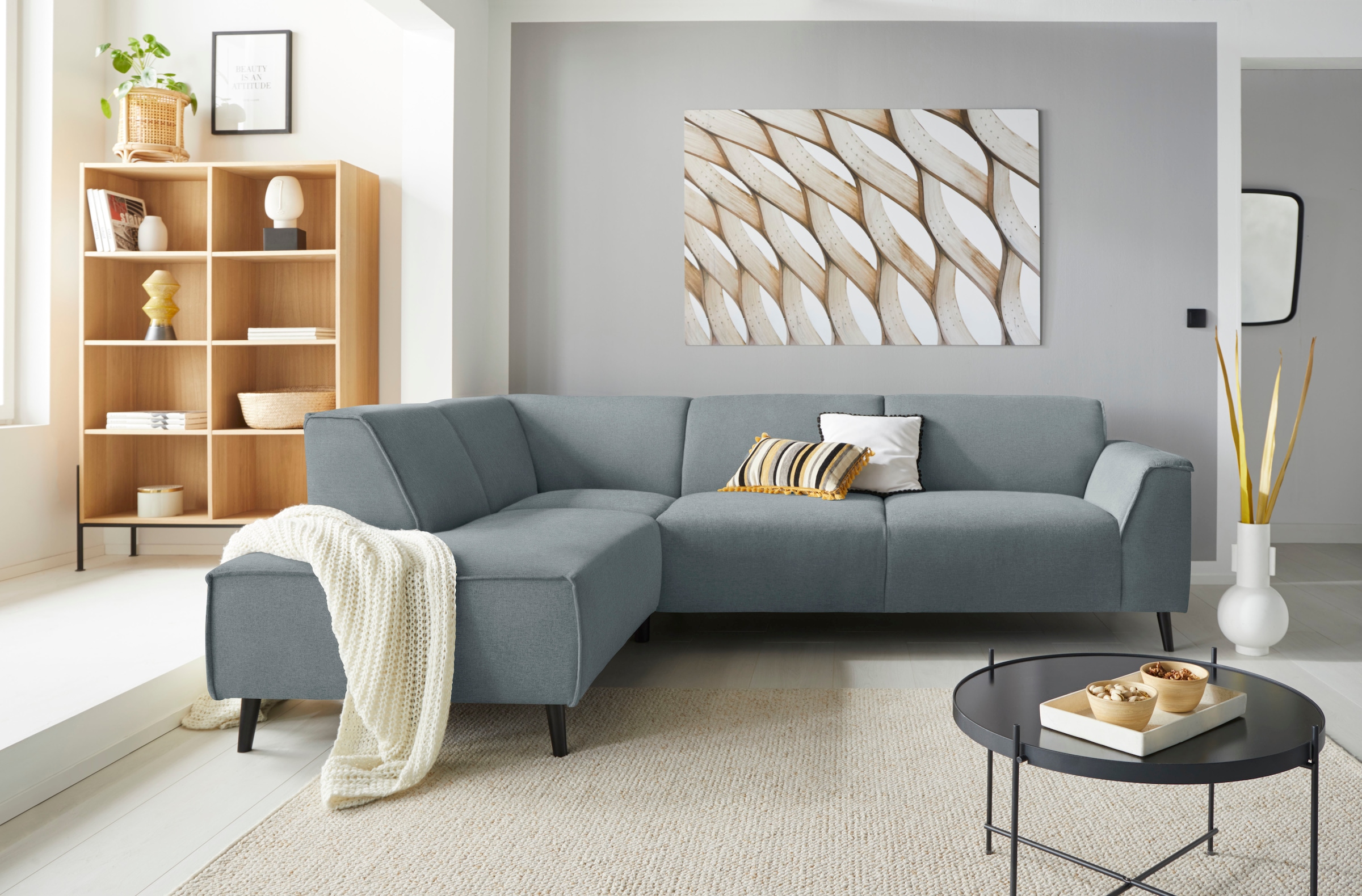 DOMO collection Ecksofa "Amora, bequem und zeitlos, L-Form" mit Federkern, Fußhöhe passend für gängige Saugroboter