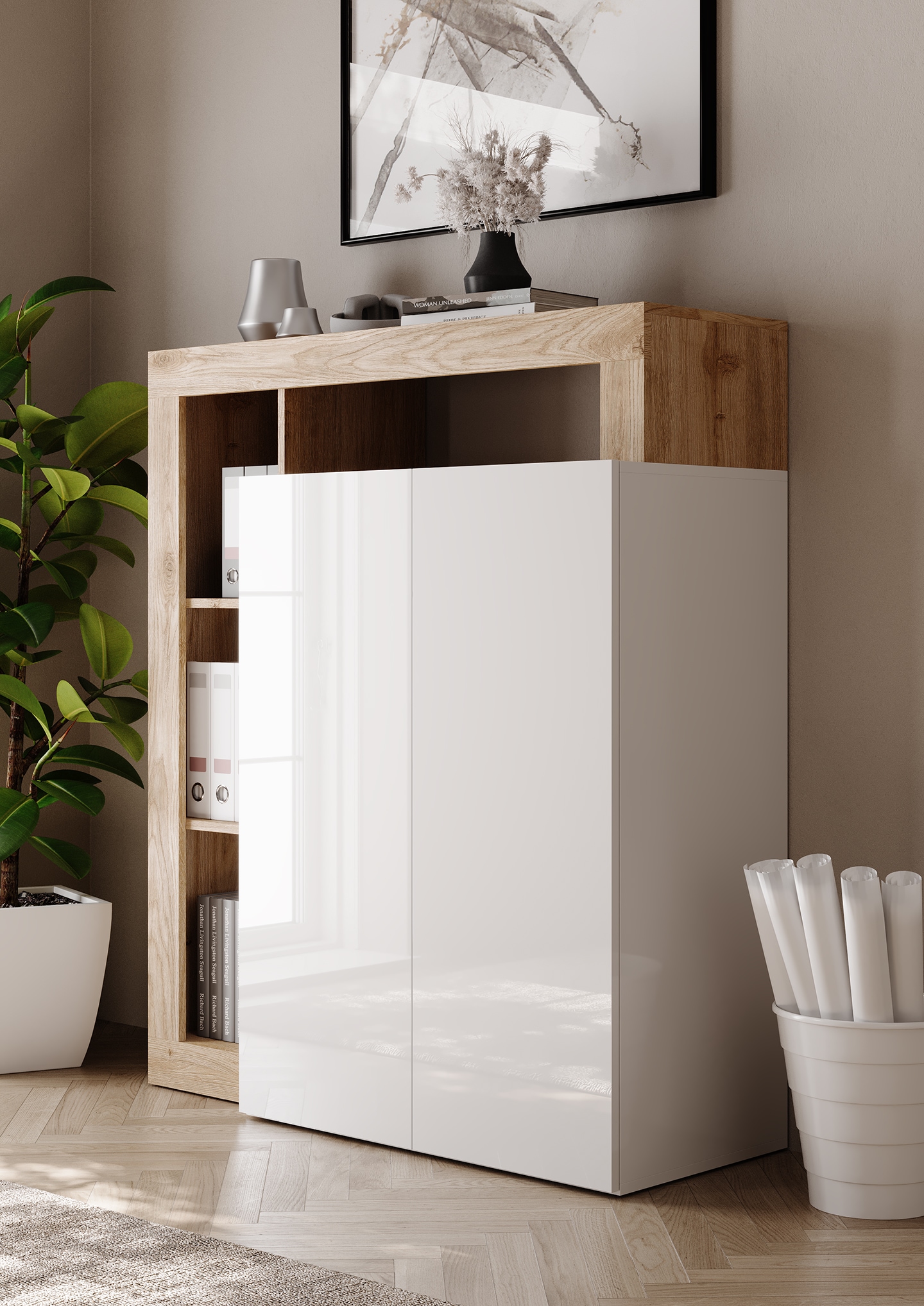 INOSIGN Sekretär »Hamburg Breite 108 cm, Höhe 126 cm, 2 Türen, PC-Schrank, Home-Office,«, dekorativer Rahmen, Tastaturauszug, Stauraum, Multifunktional