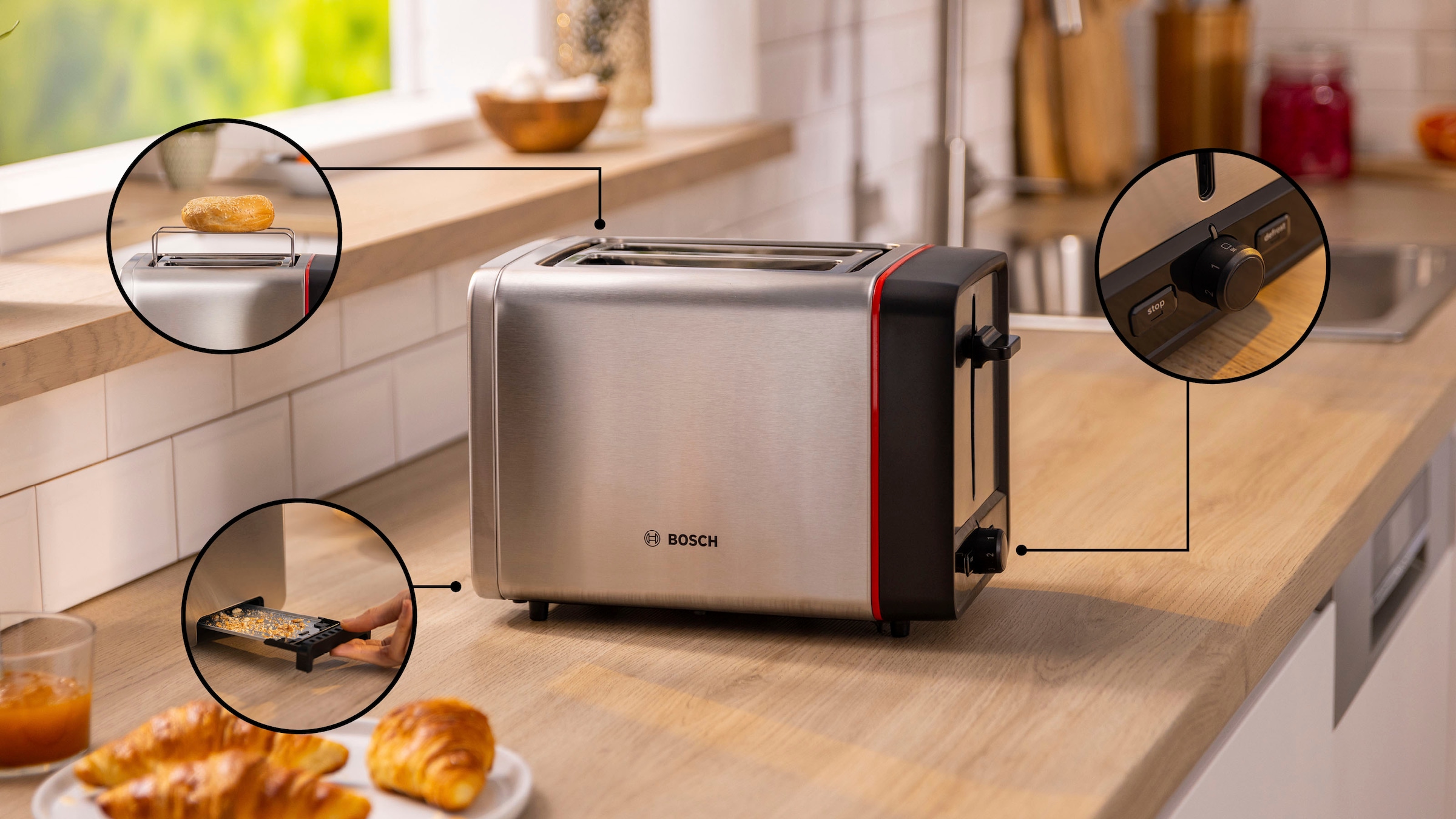 BOSCH Toaster »MyMoment TAT6M420«, 2 Schlitze, für 2 Scheiben, 970 W, integr. Brötchenaufsatz, Auftau-/Aufwärmfunktion, Brotzentrierung