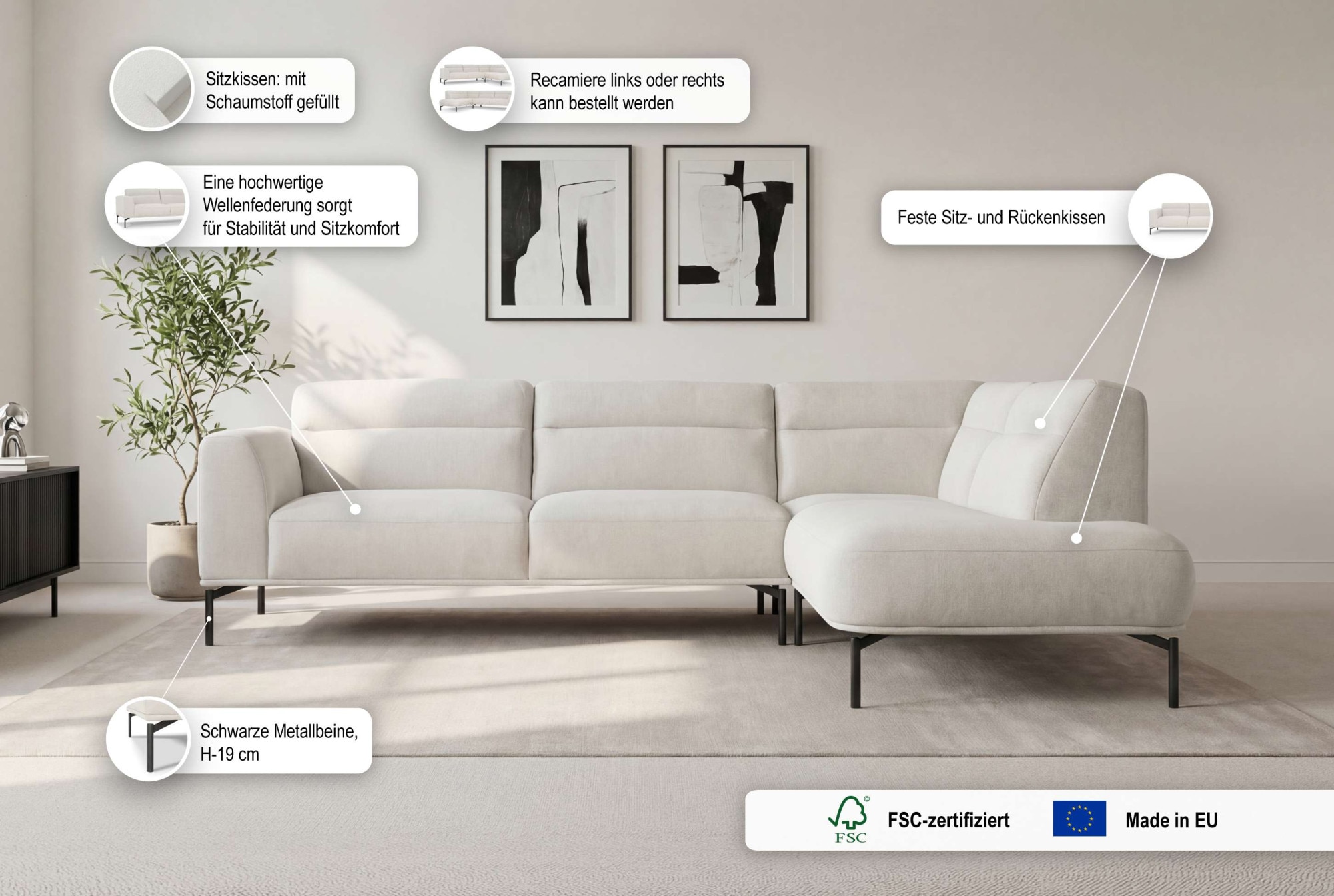 OTTO home Ecksofa »Nennor, weiches Chenille« Breite 278 cm, Wellenunterfederung, schwarze Metallfüße