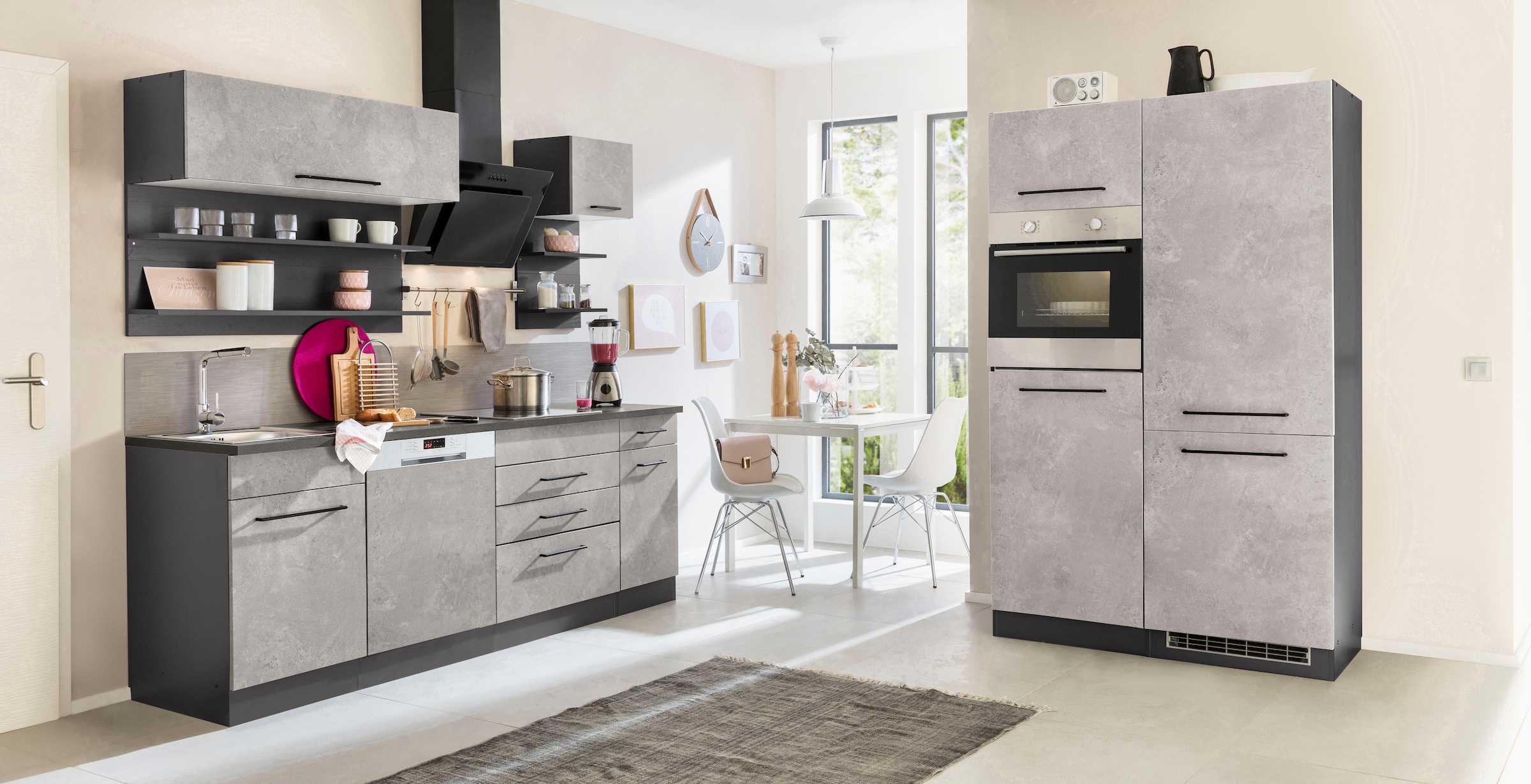 KOCHSTATION Küchenzeile »KS-Tulsa«, mit E-Geräten, Breite 330 cm, schwarze Metallgriffe, MDF Fronten