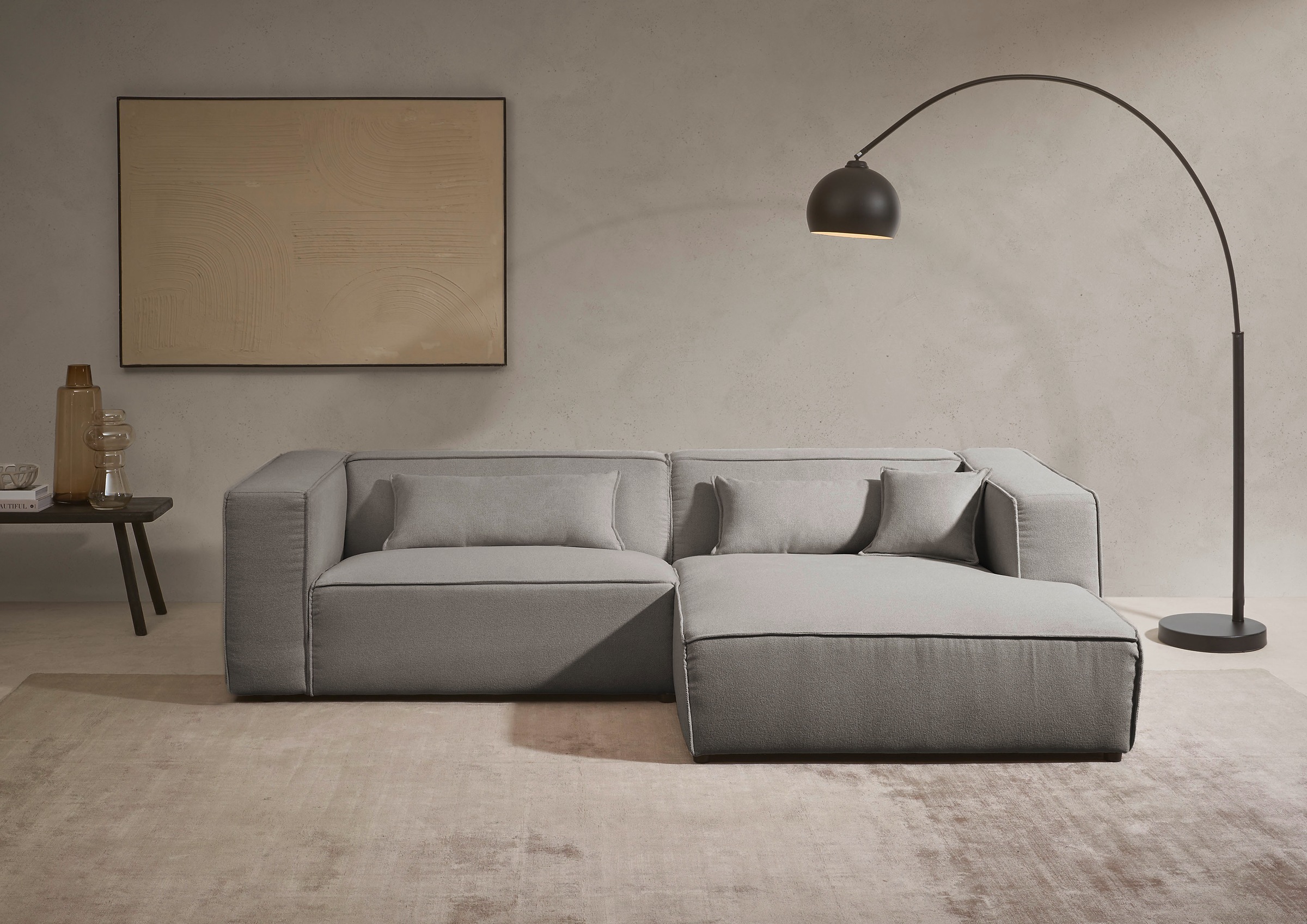 LeGer Home by Lena Gercke Ecksofa "PIARA Struktur u. Leinenoptik mit Kedernaht L-Form" wahlweise Ottomane rechts/links, schwarze Füße, bequemer Sitzkomfort