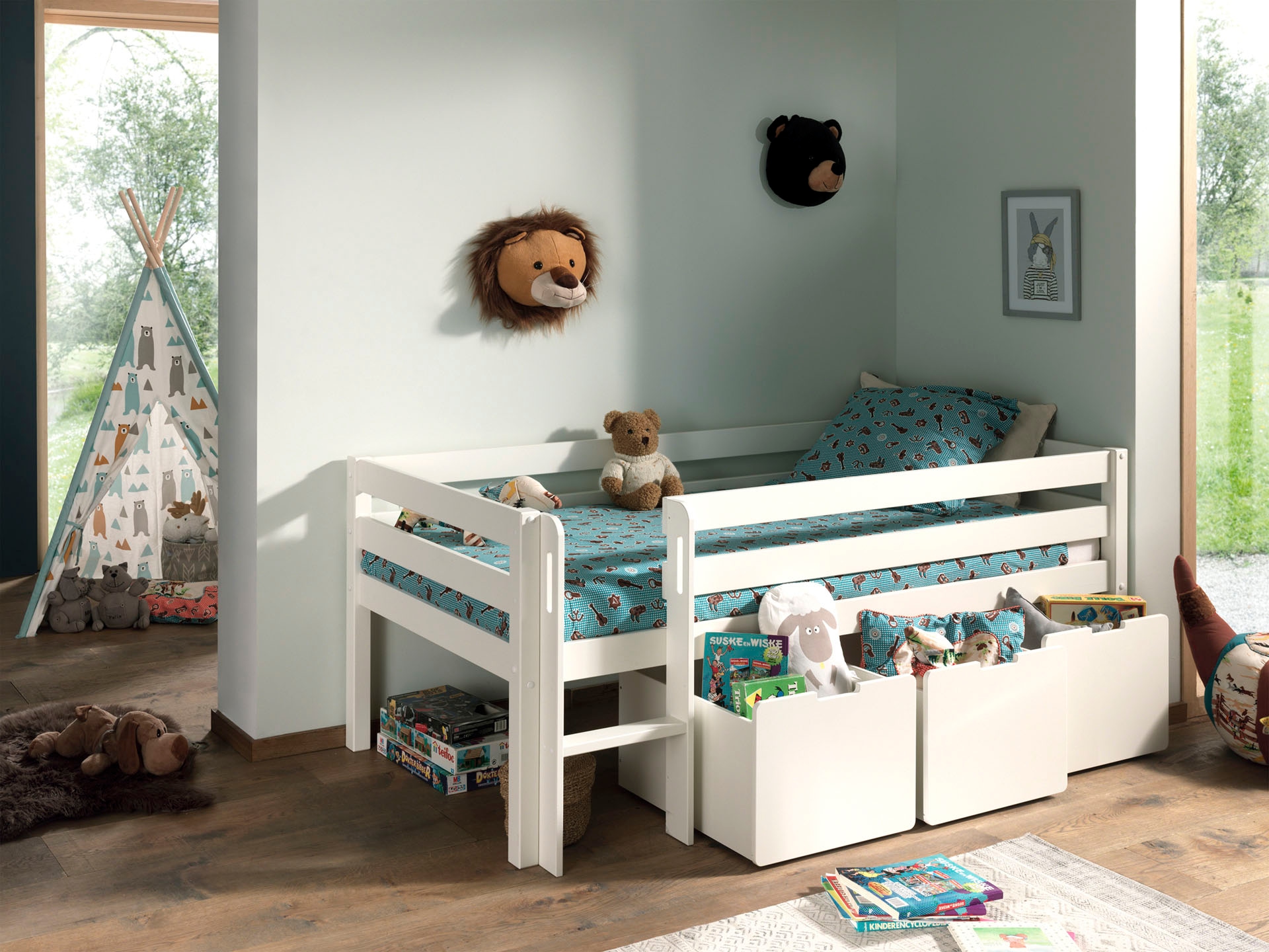 Vipack Spielbett »Pino, Kiefer massiv, mit Rolllattenrost, 3 Rollboxen, Made in Europe«, (B/H/T ca. 207,6x83x104,9cm, inkl. Leiter und Absturzschutz), wahlweise mit oder ohne Hängeregal, 2 Farben zur Auswahl