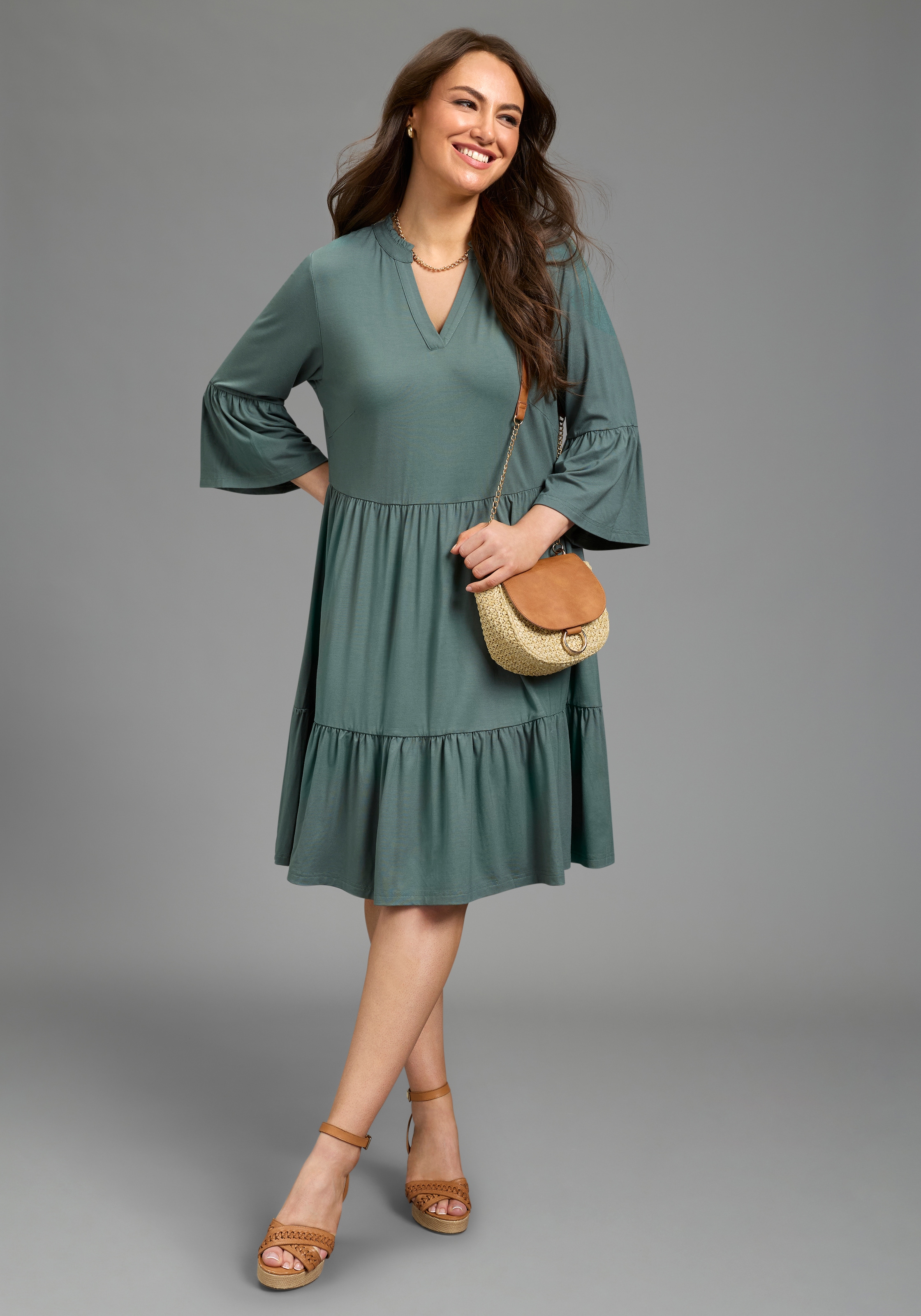 Laura Scott CURVE Jerseykleid "Große Größen" mit Stufenrock, aus elastischer Jersey-Qualität, 3/4-Ärmel mit Volants